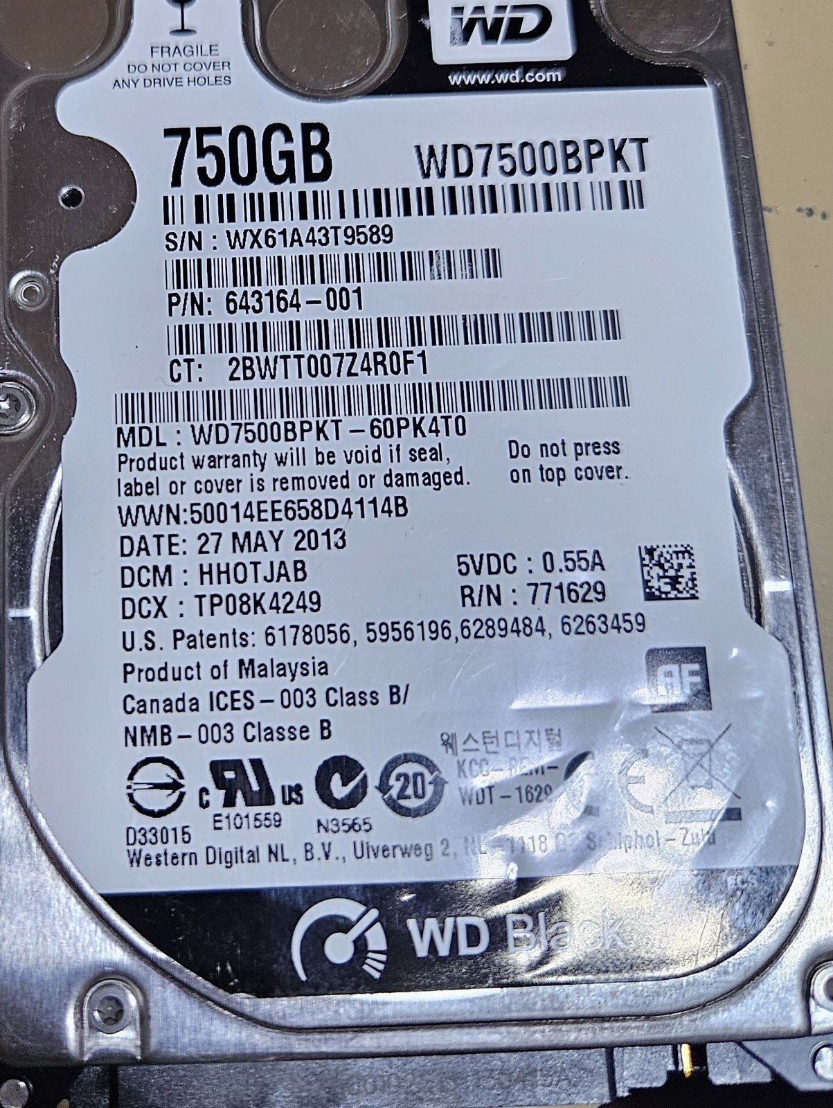 Western Digital Scorpio Black 750GB Internal 7200RPM 2.5″ (WD7500BPKT) HDD