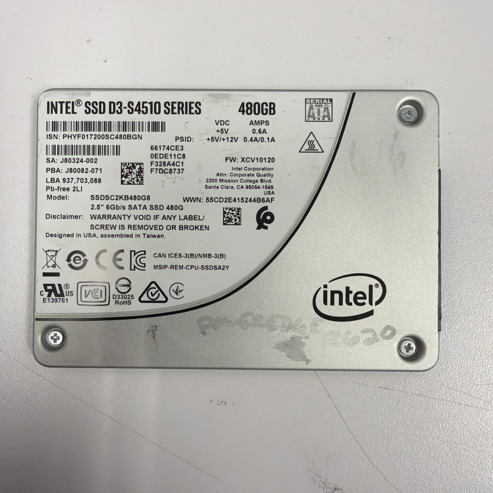Intel SSDSC2KG480G801, 480 GB, Internal, 2.5 Inch Solid State Drive