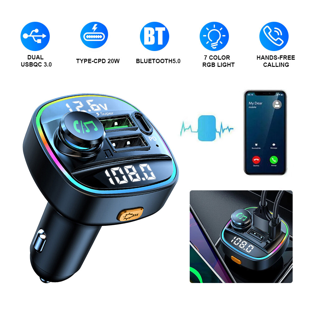 Bluetooth 5.0 Car Wireless FM Transmitter Adapter USB PD Charger AUX HandsFreeε