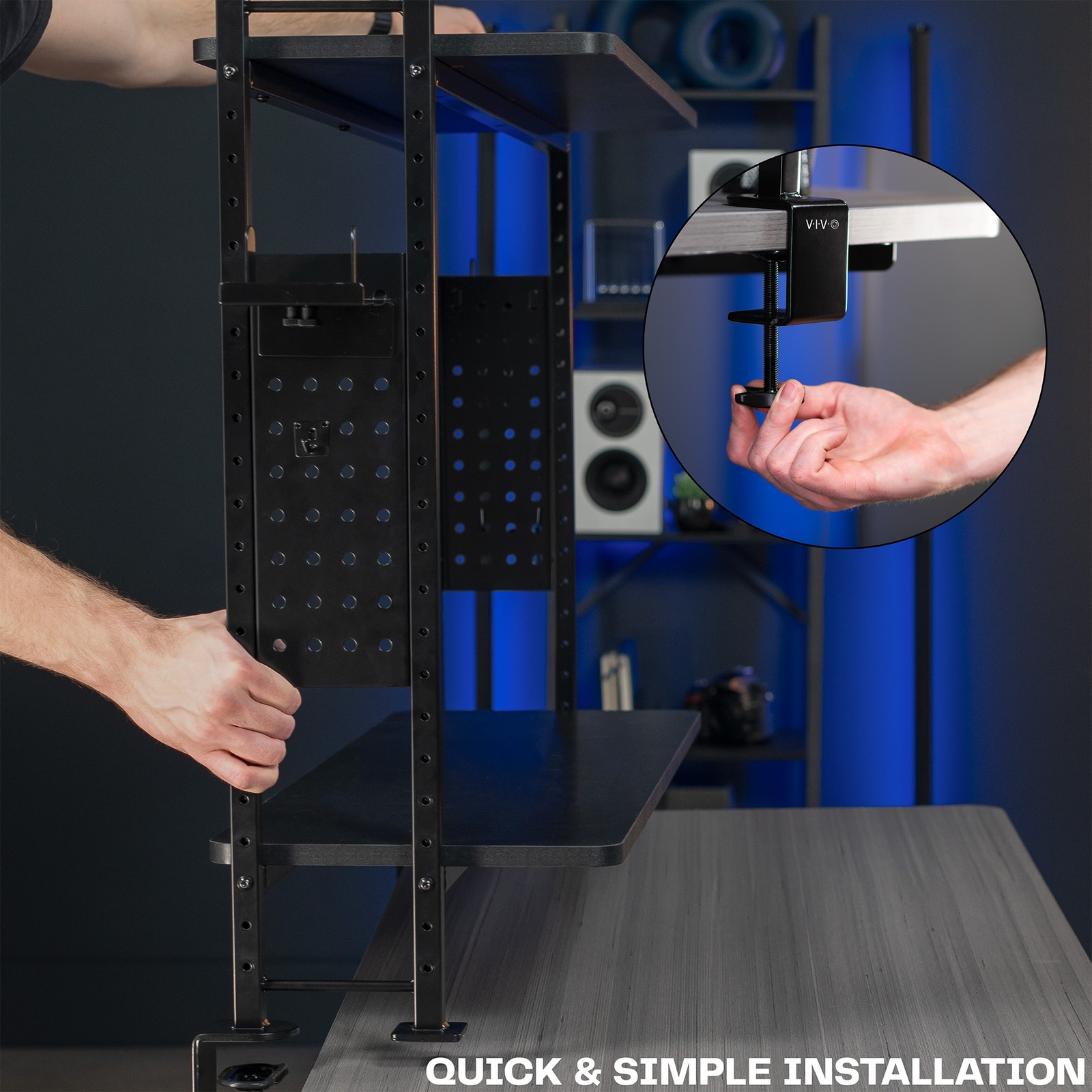 VIVO Black 40″ Clamp-on 2-Tier Gaming Shelf System with Pegboard