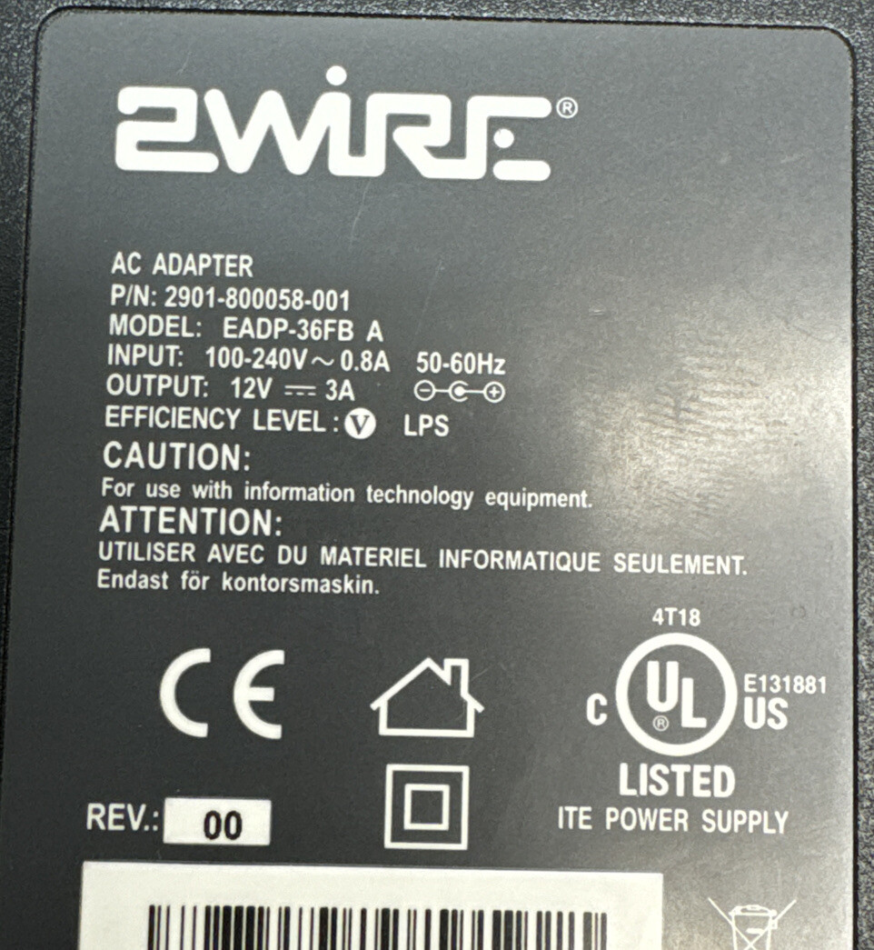 2Wire AC Power Adapter EADP-36FB 12V 3A.