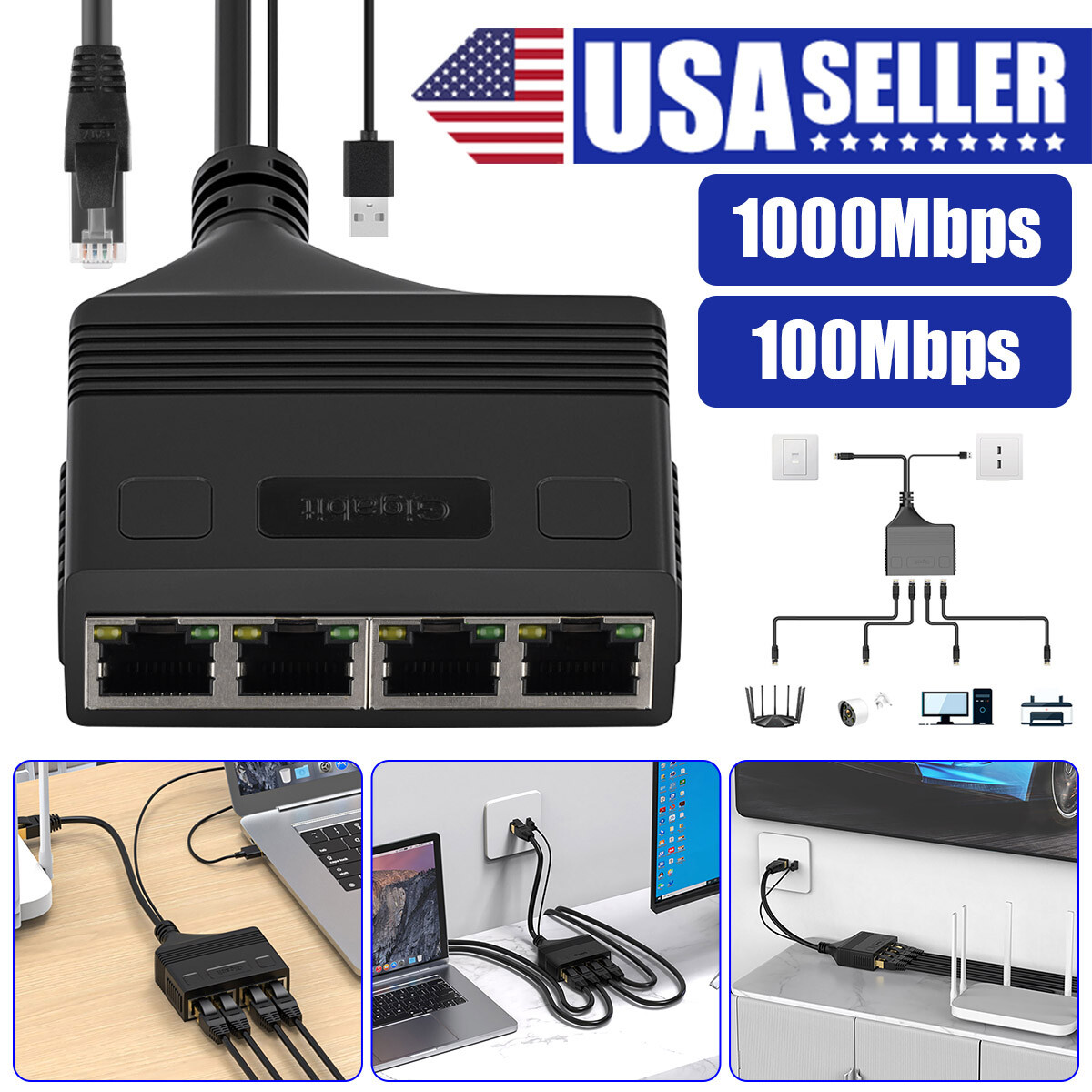 RJ45 interface One-to-four-wire adapte 1000Mbps Cat8 Cat7 Cat6 Cat5 Cat5e 5V 1A