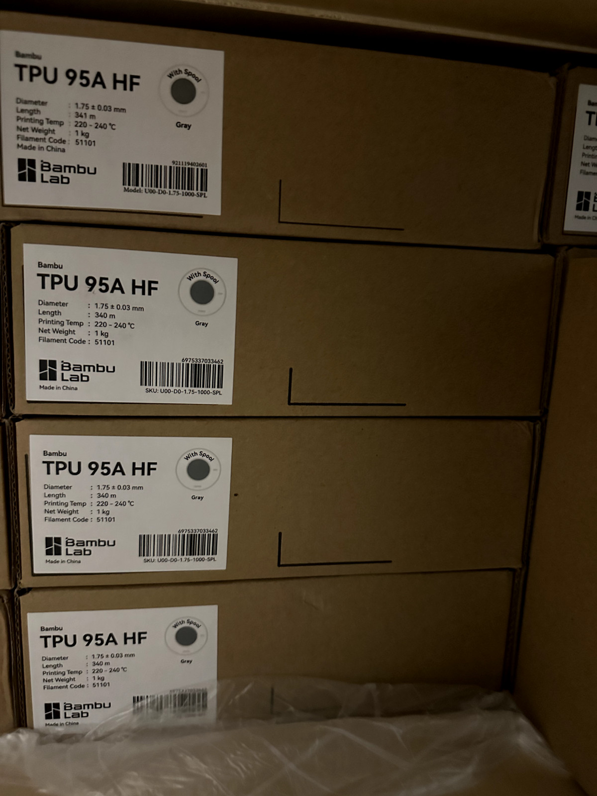 3D Printer Filament TPU 95A HF with Spool, 1kg, 1.75mm +/- 0.03mm New in Box