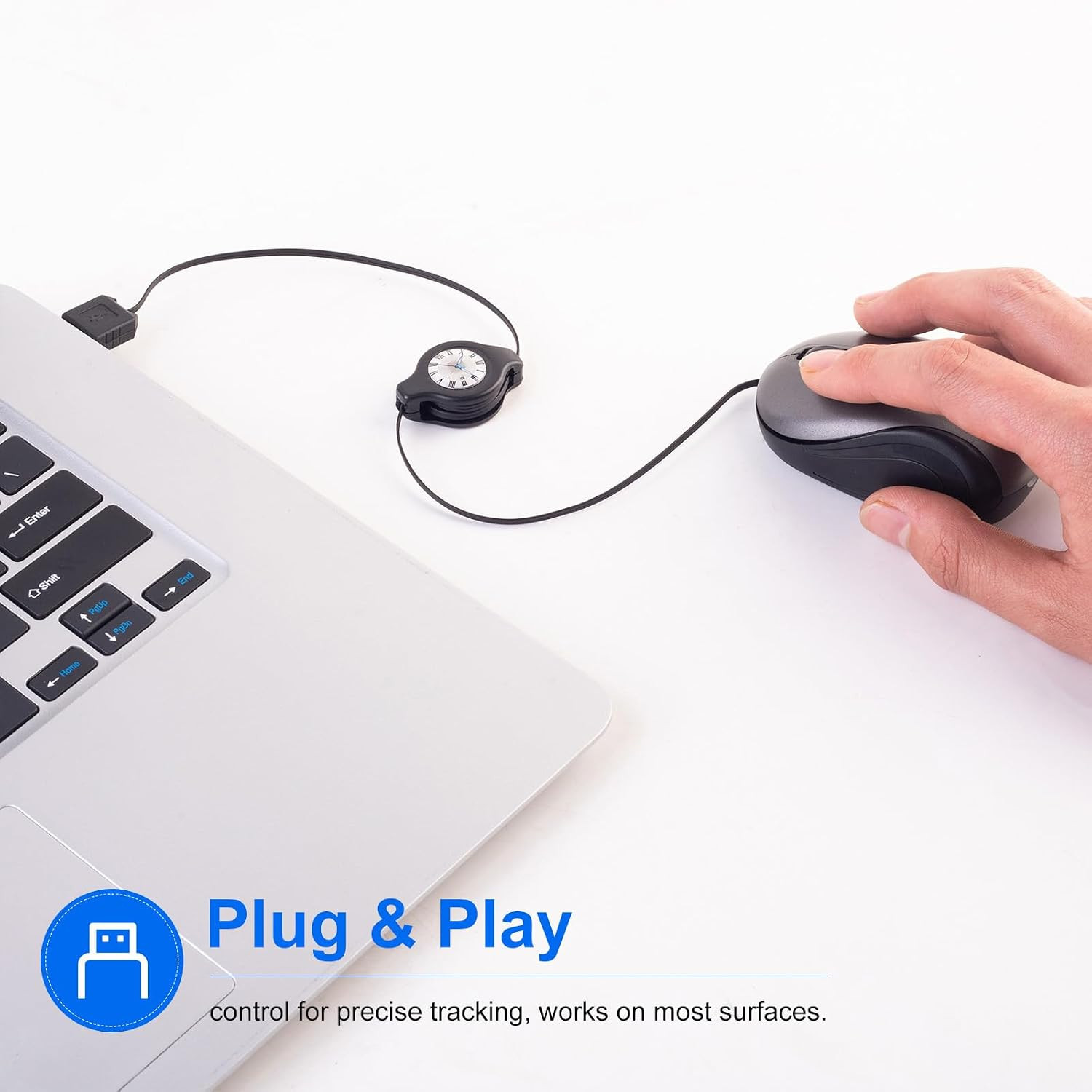 USB Wired Mini Mouse,Small Travel Mice Corded with Retractable Cable-Gray