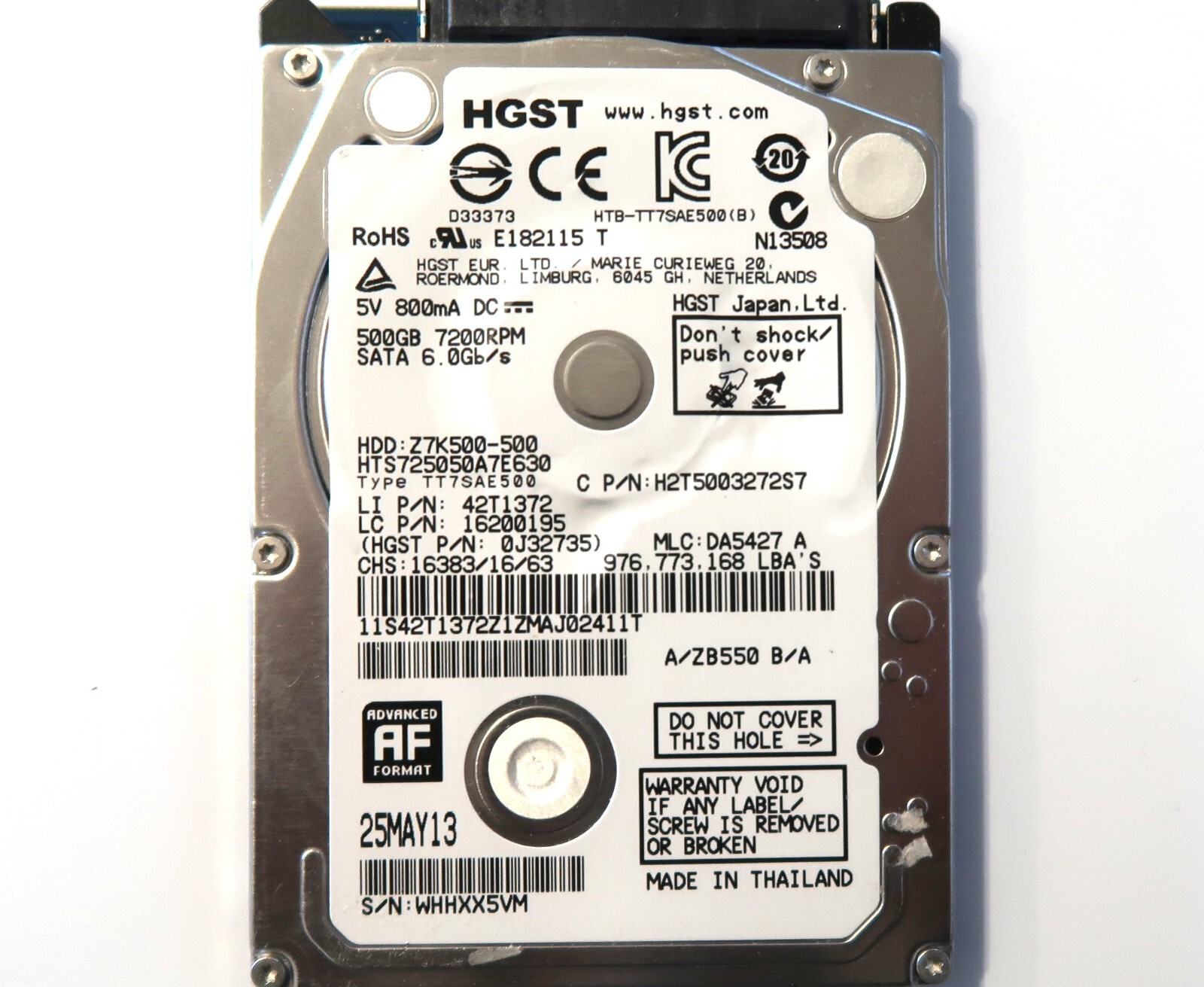 Hitachi HTS725050A7E630 0J32735 DA5427 (WHH) Thailand 500gb Sata HDD 2.5″ MAY/13