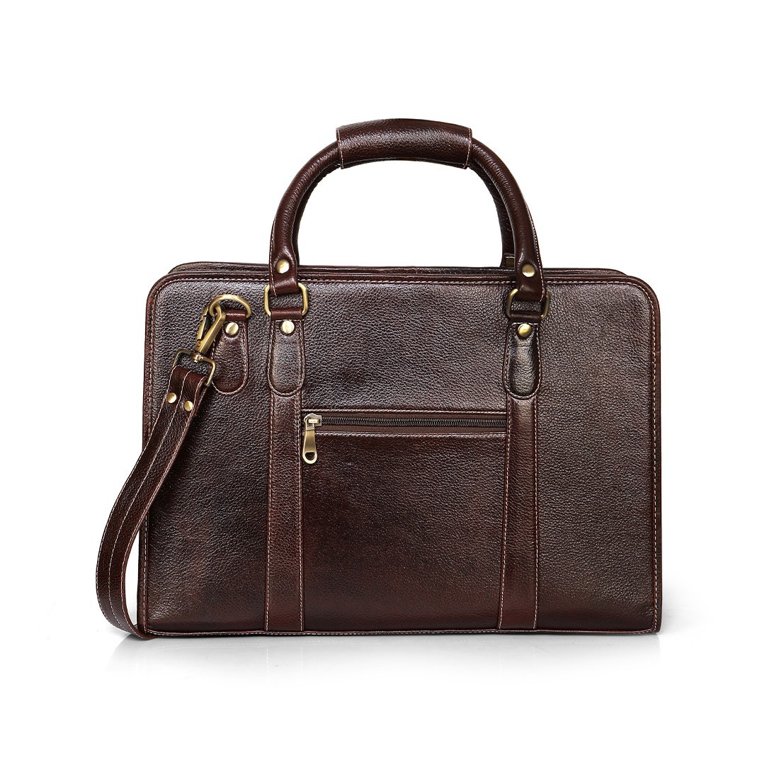 Luxury brown full-grain leather Unisex laptop briefcase top handle strap Basket