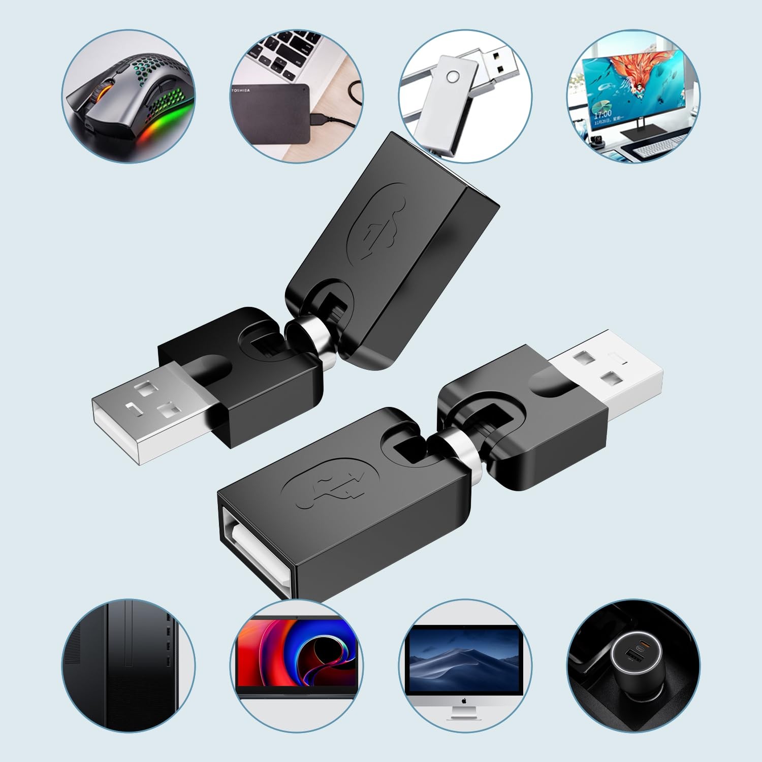 2 Pack Swivel USB 2.0 Adapter Rotatable Type A Male to Female 360° Rotation