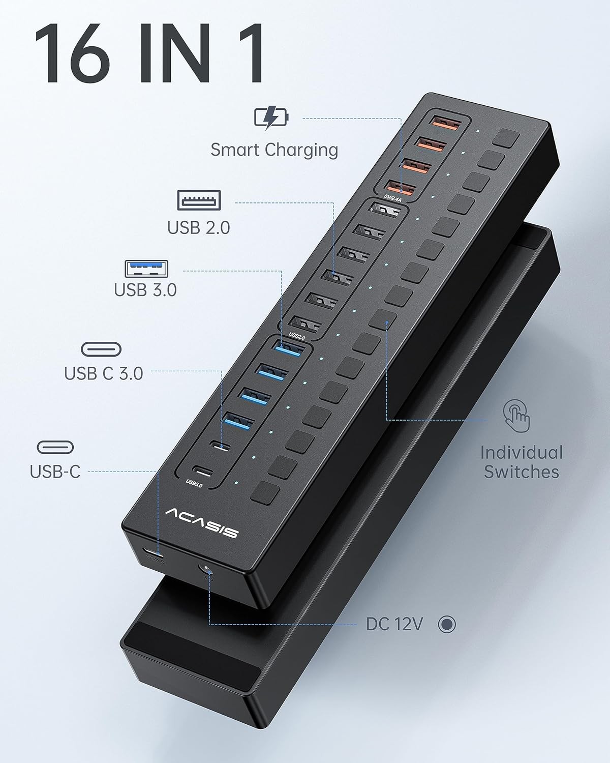 Powered USB 3.0 Hub, 16 Port 16 ports, Latest color: Matte Black