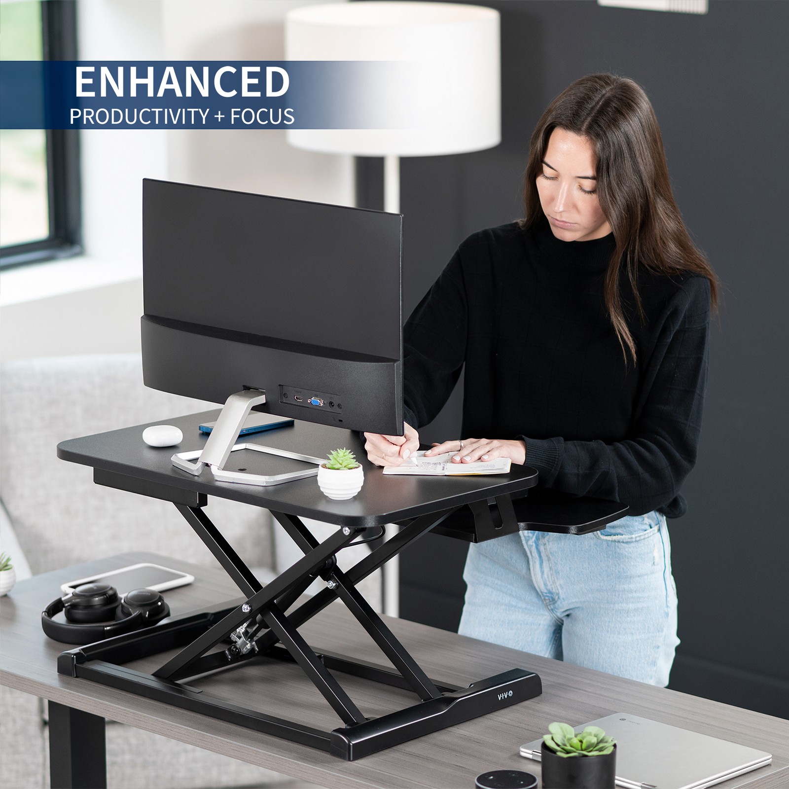 VIVO Black 26″ Height Adjustable Standing Desk Monitor Riser Sit Stand Tabletop