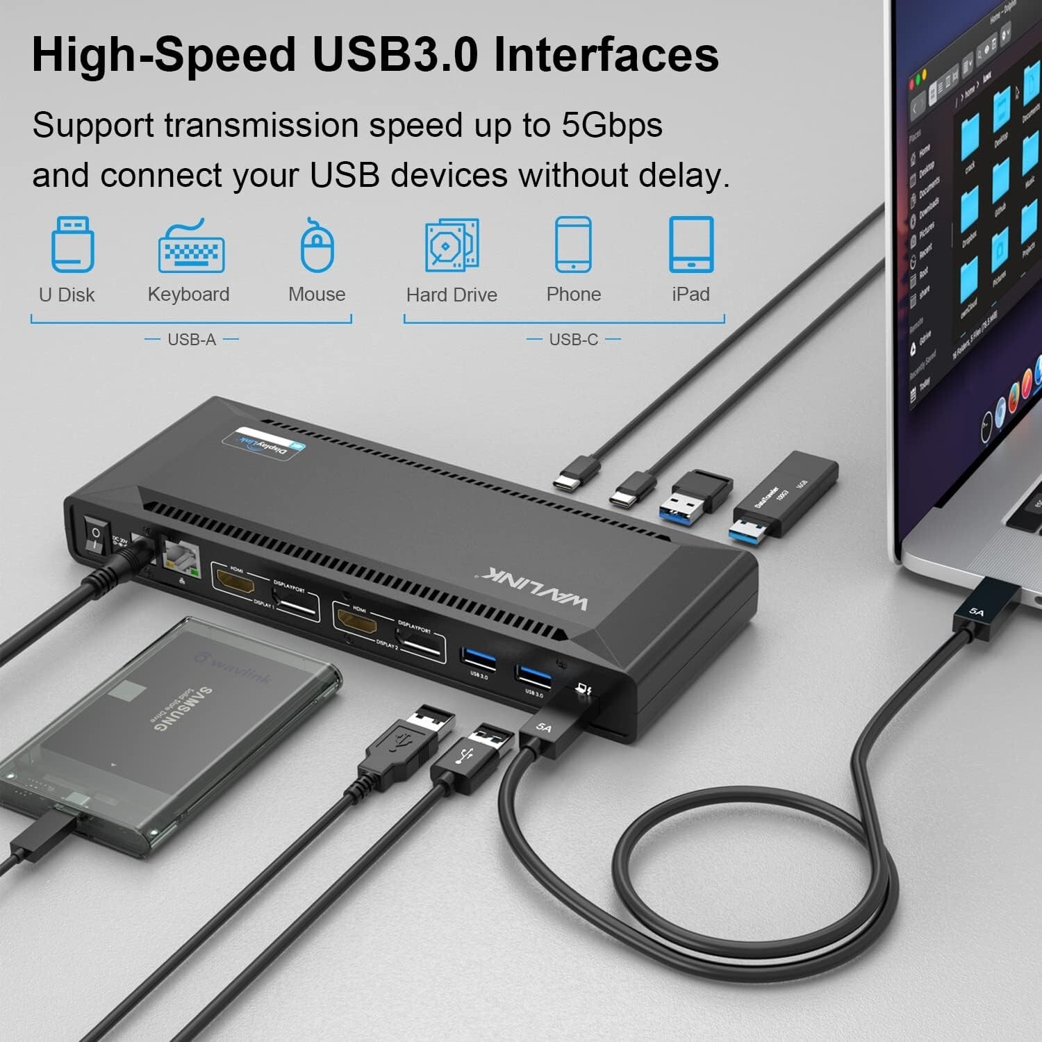 WAVLINK USB-C Laptop Docking Station | Dual 5K/4K Monitors, 65W Charging, 6 USB