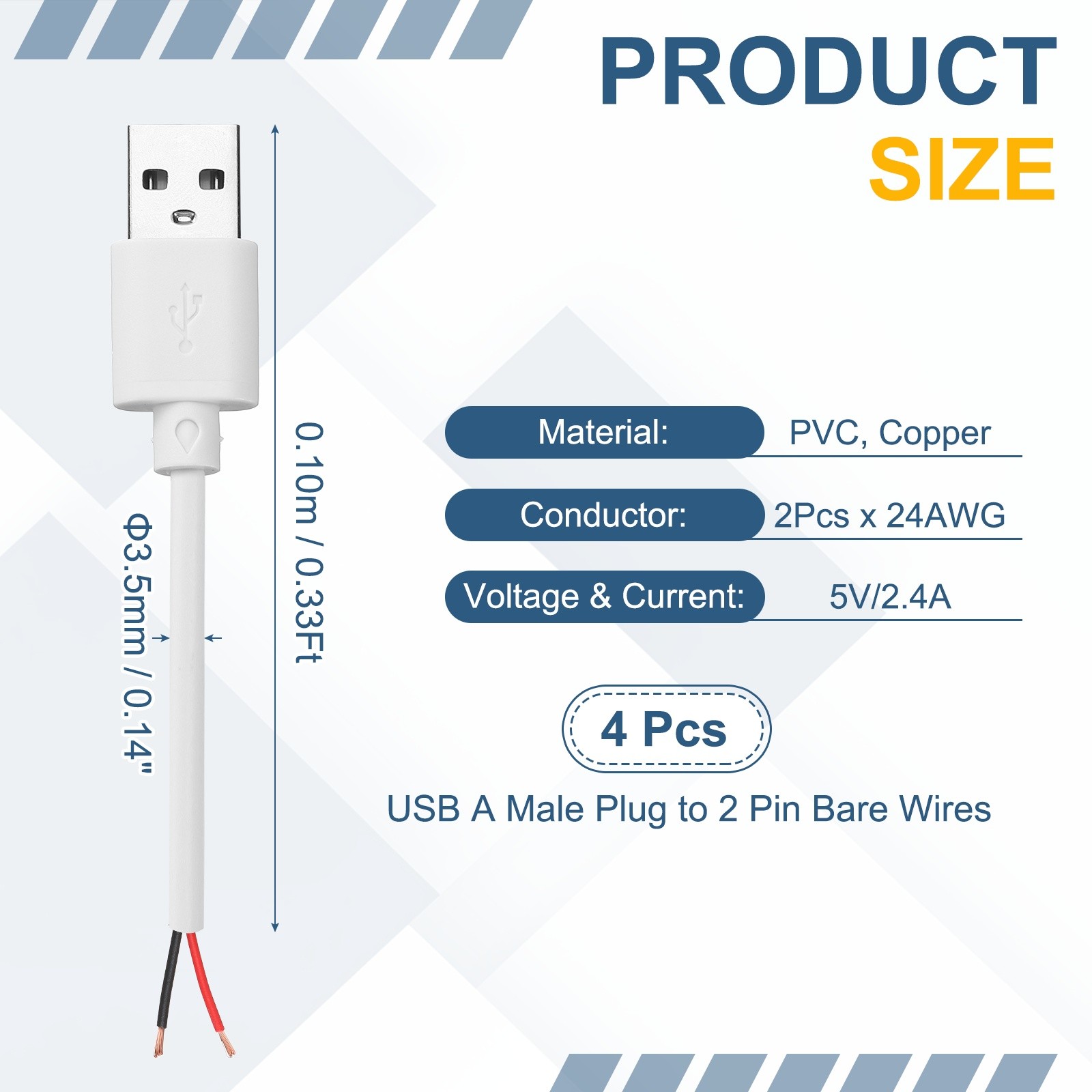 4Pcs 0.1m/0.33Ft USB Pigtail Cable, 5V 2.4A USB A to 2 Pin Bare Wires, White