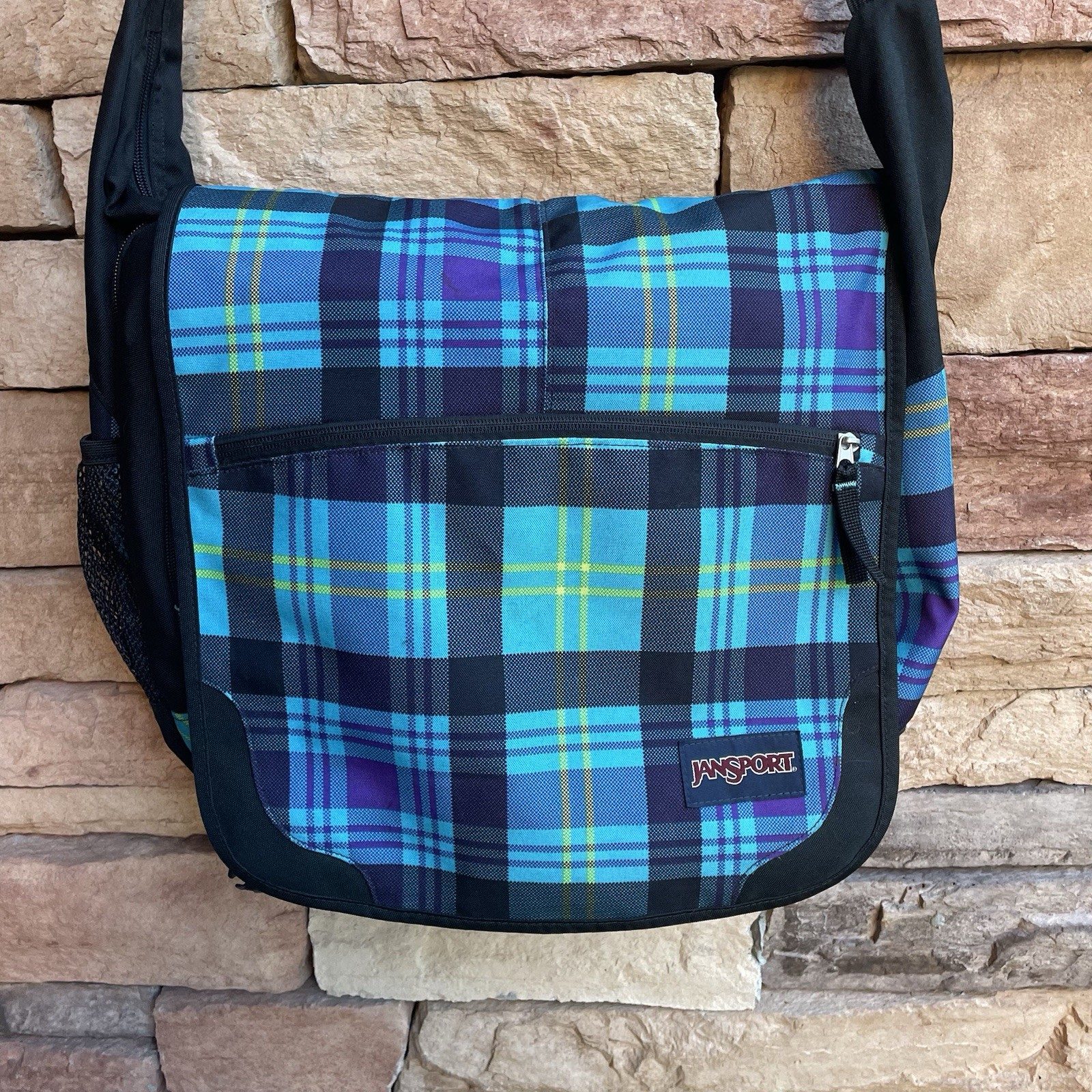 Jansport blue black plaid work computer laptop bag EUC