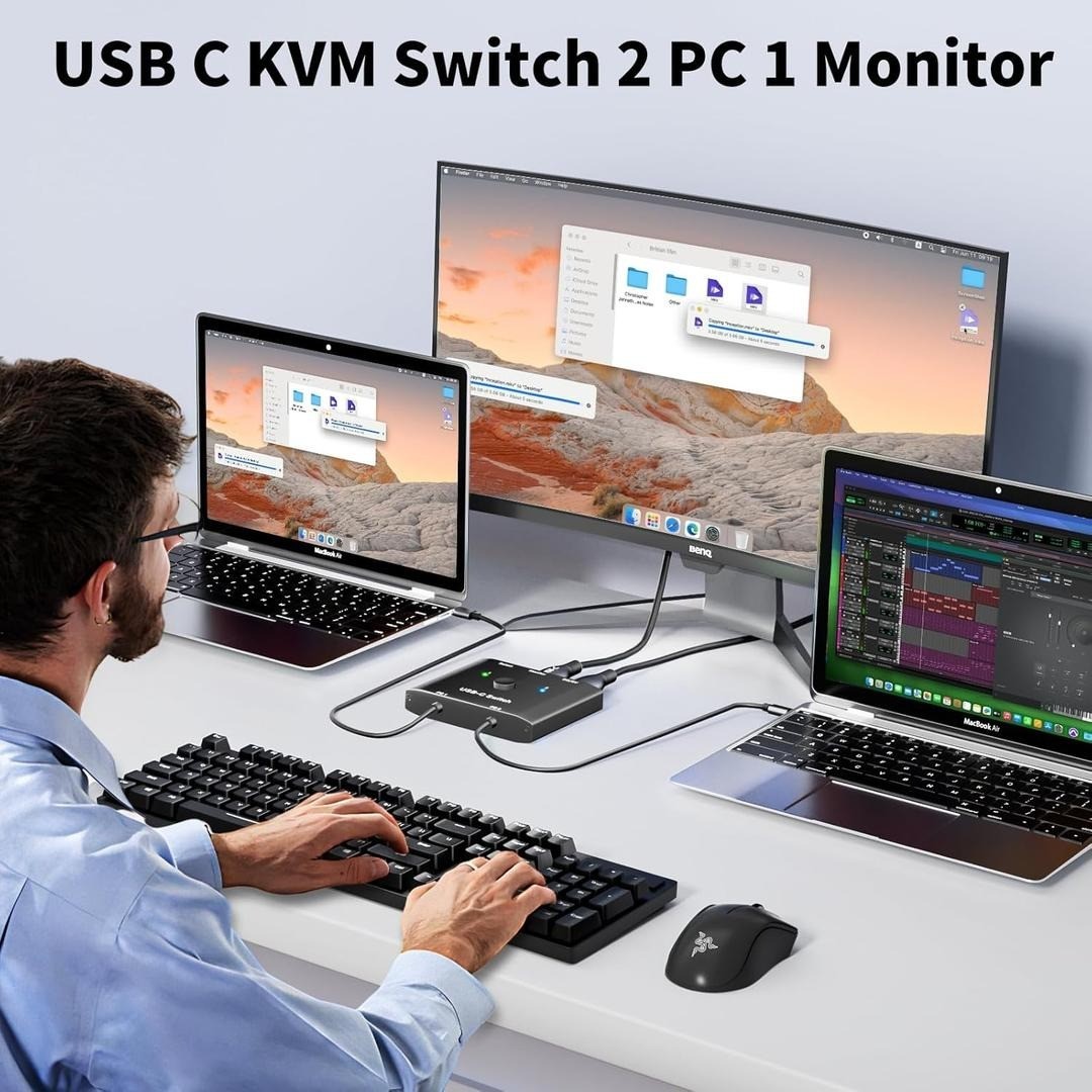 KCEVE USB C Switch 2 in 1 Out, USB Type C KVM Switch 2 Computers 1 Monitor, 8K