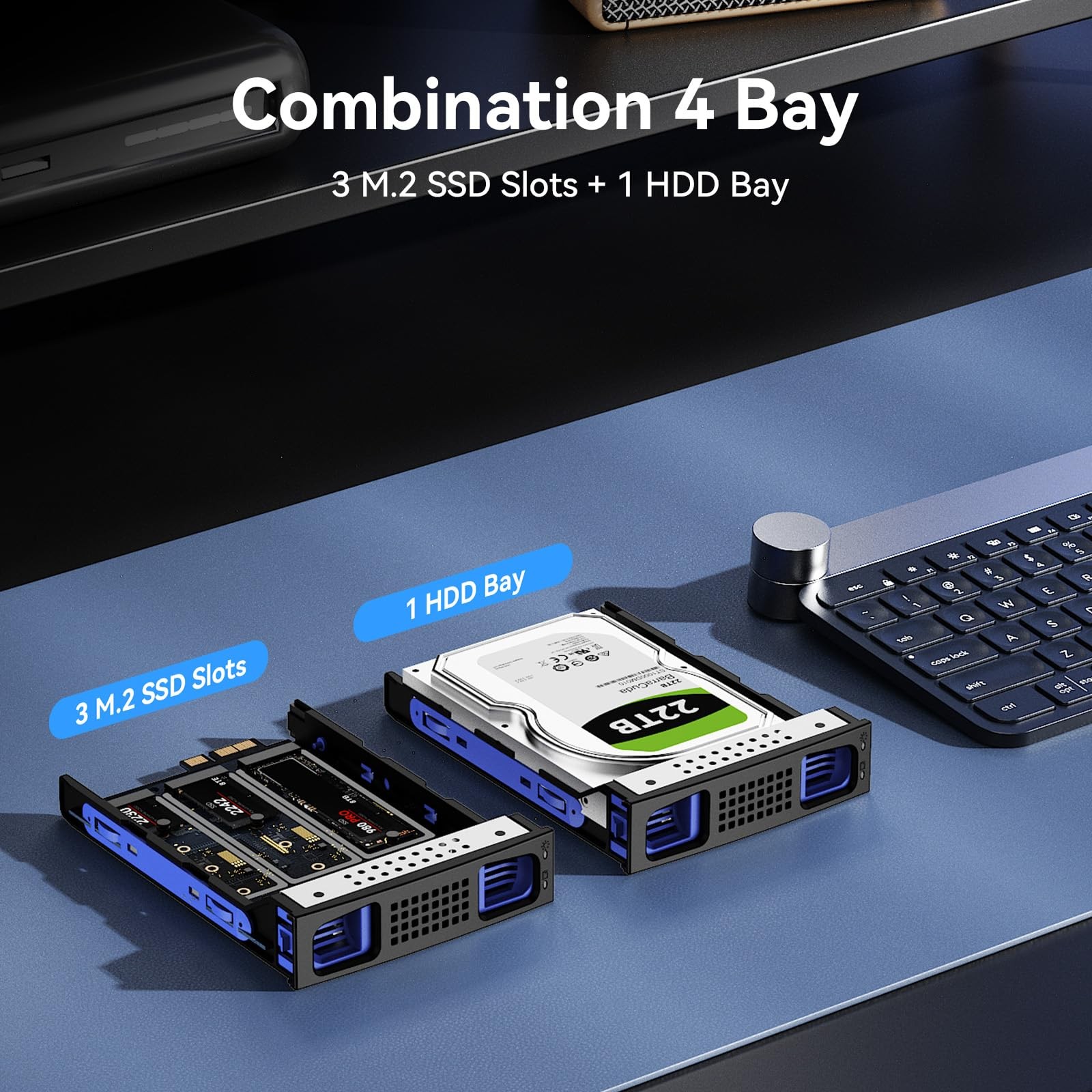 CENMATE Hybrid 2.5/3.5″ SATA HDD/SSD+3* M / B+M Key M.2 NVMe 4 bay, Black