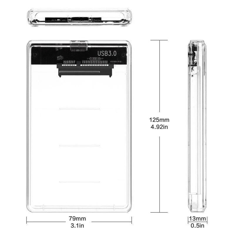 2.5″ SATA USB 3.0 Clear Hard Drive Disk HDD SSD Enclosure External Laptop Case，