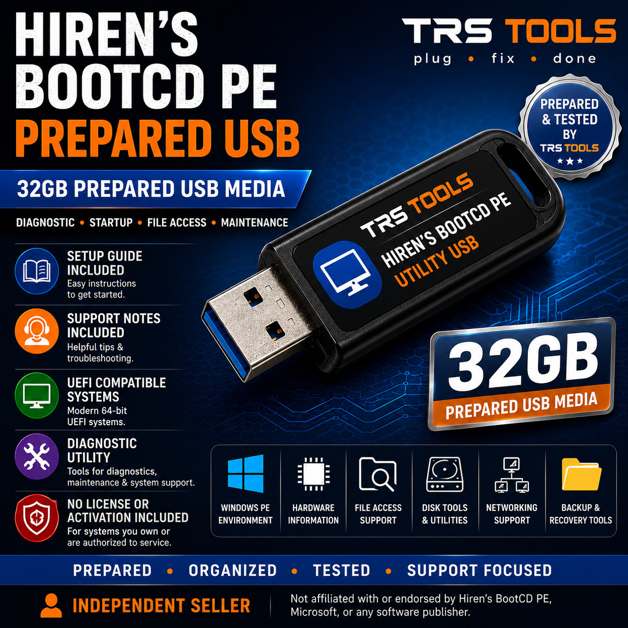 Hiren’s BootCD PE Prepared USB Media 32GB Diagnostic Utility and Guide TRS Tools