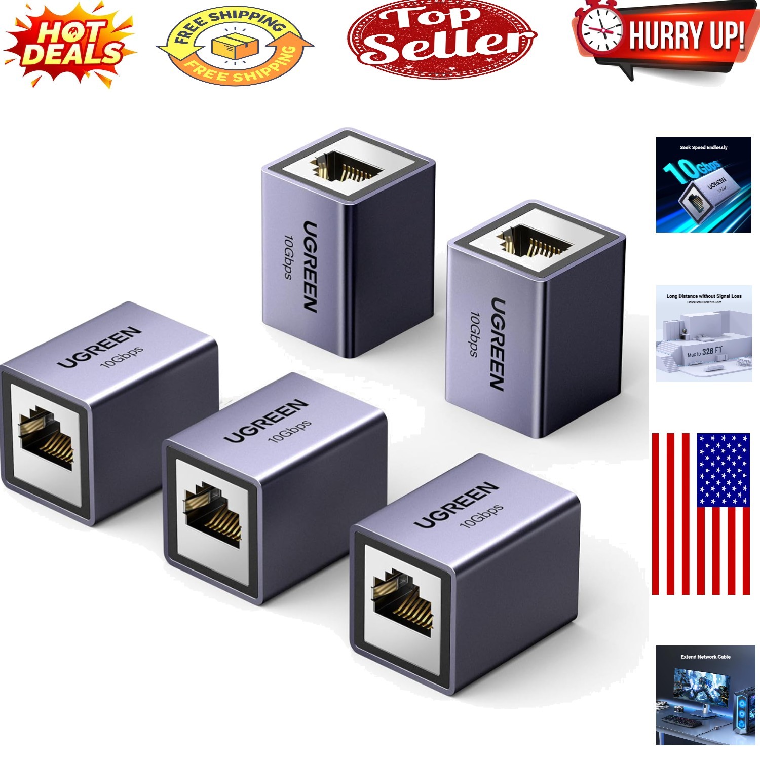 10Gbps RJ45 Ethernet Coupler Pack – Extends LAN up to 328ft with Durable Alum…