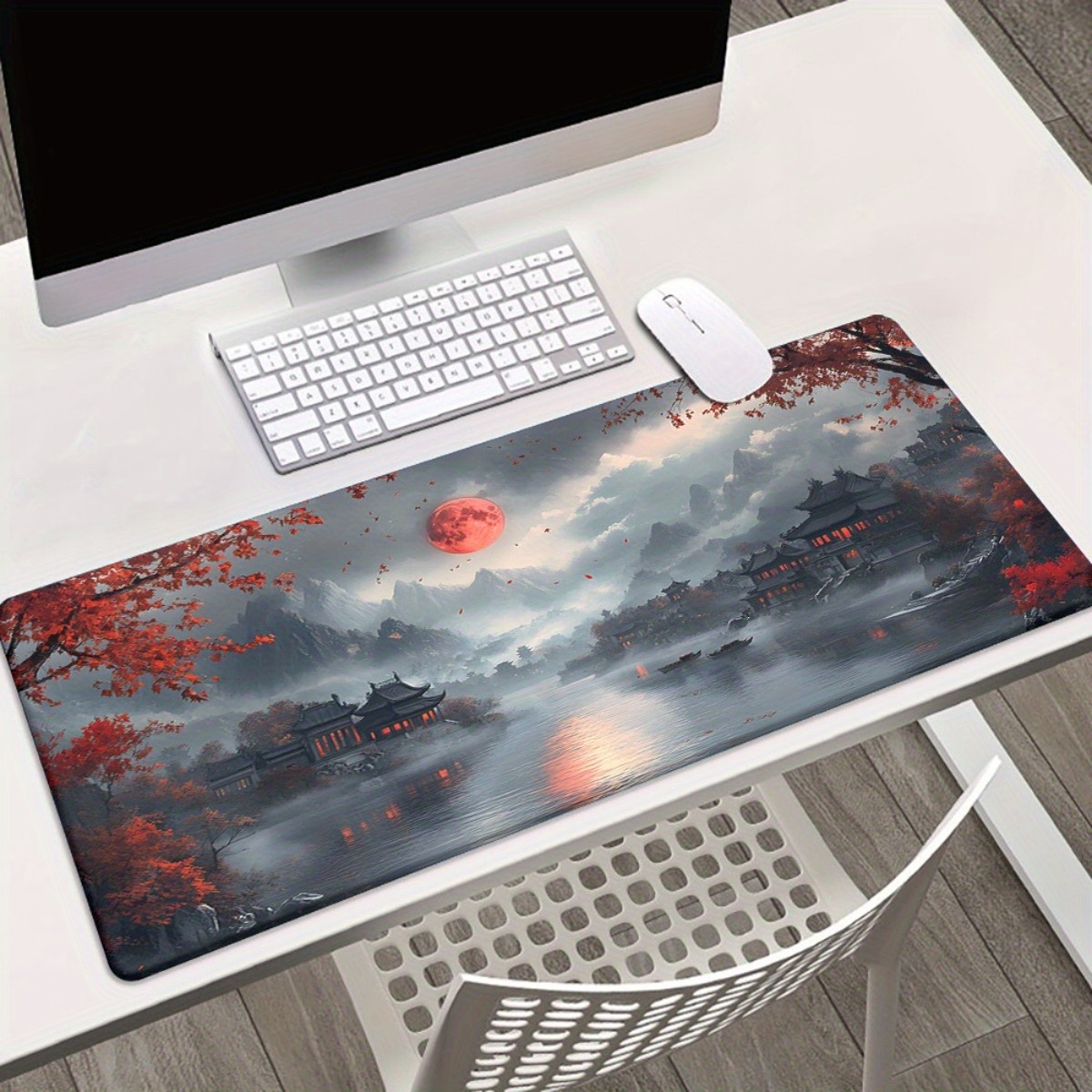 40*90cm Landscape with red moon and pagoda art HD Printed Pad for Desk, Multi Fu