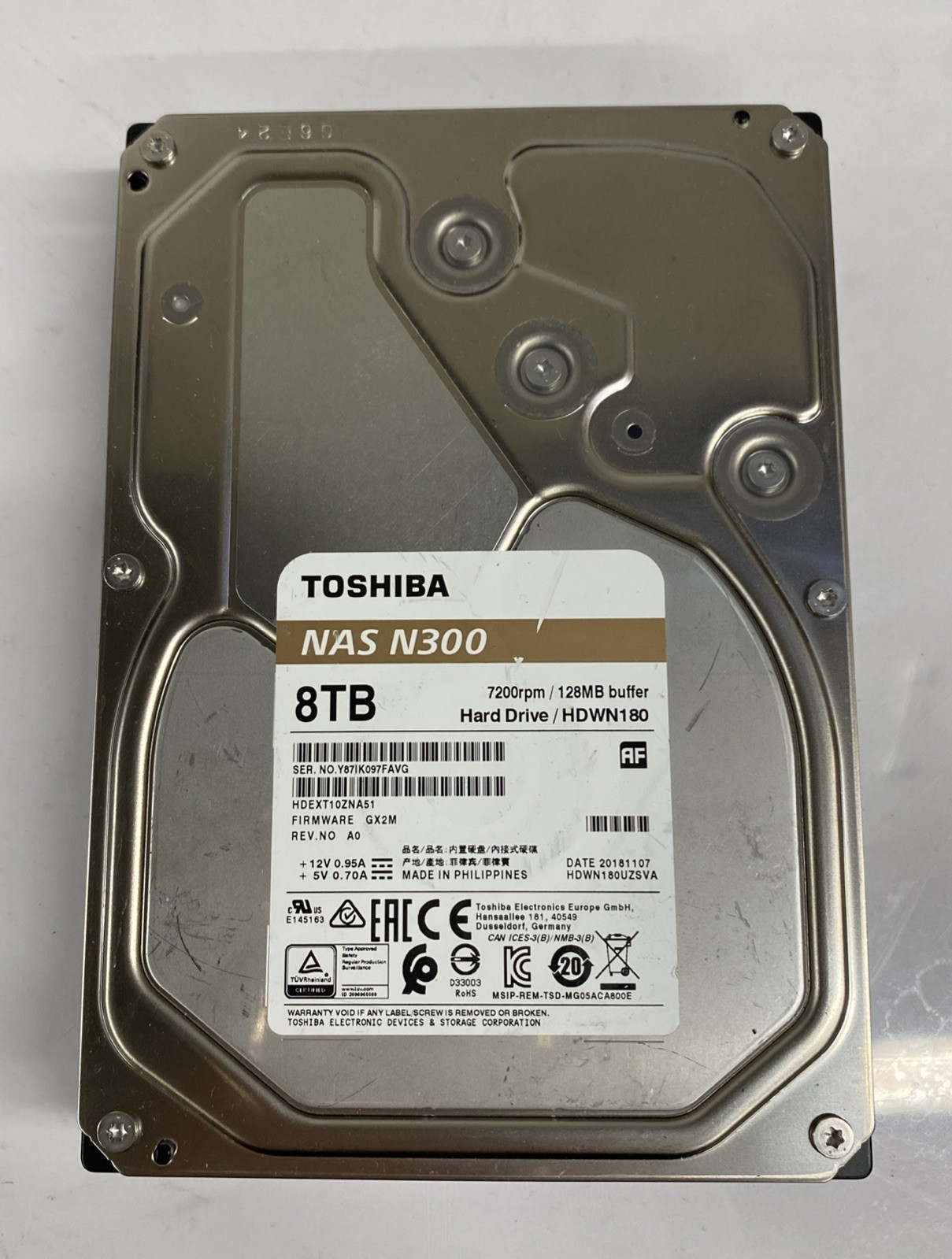 8TB Toshiba NAS N300 HDWG480 3.5” HDD Hard Drive 7200 rpm Tested Good