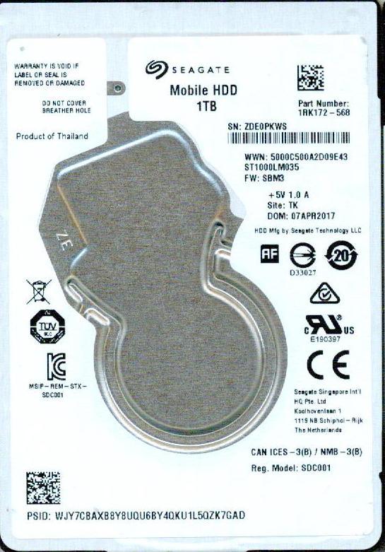 ST1000LM035, 1RK172-568, SBM3, TK, ZDE0, SEAGATE SATA 1TB 2017