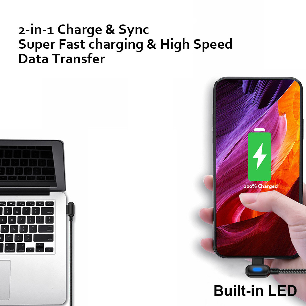 90 Degree USB Data Cable 3/6FT For iPhone 7 8 11 12 13 14 Charger Charging Cord