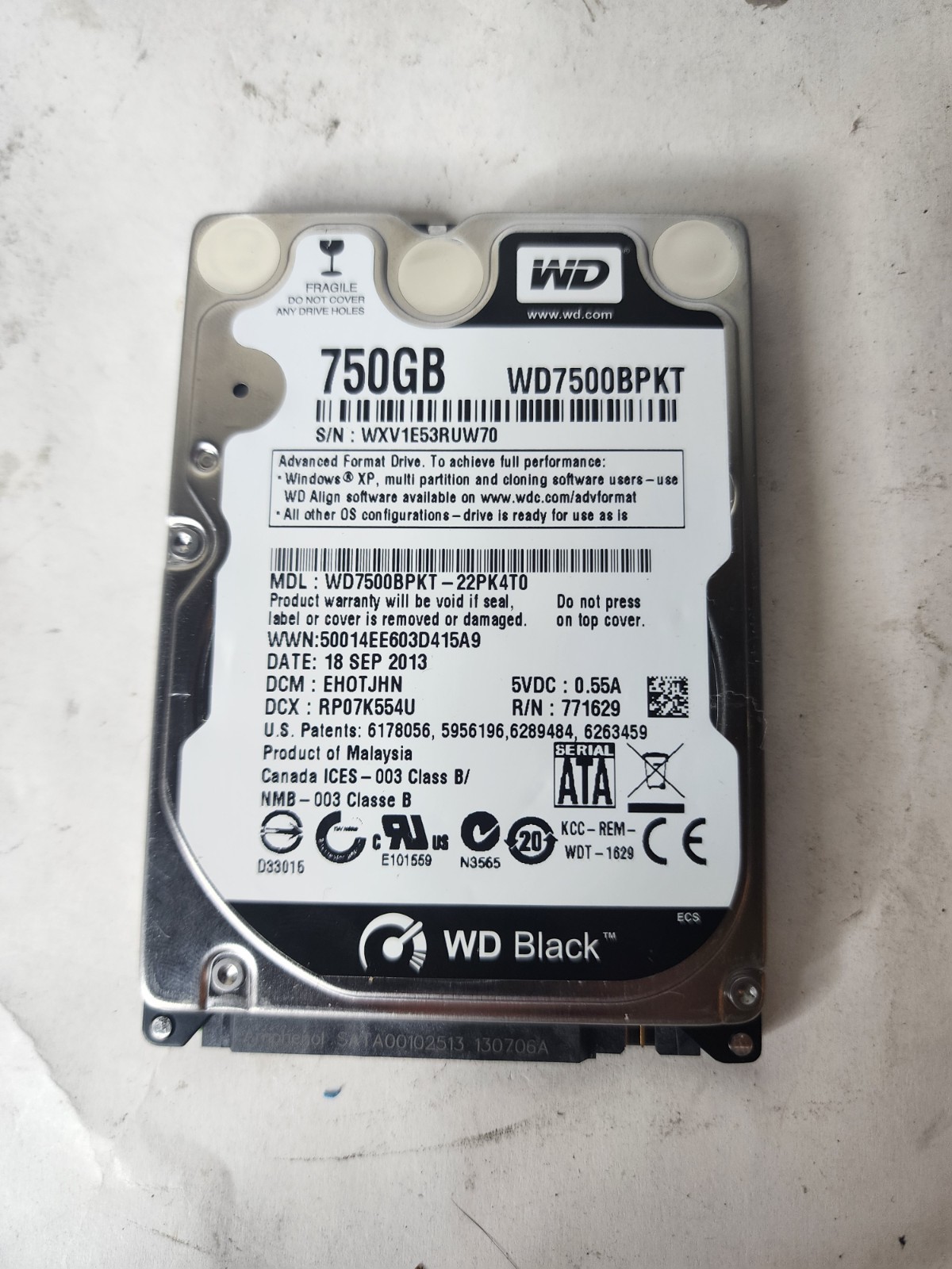 WD 2.5-in 750GB SATA Internal Hard Drive, 7200 RPM, 9.5mm, WD7500BPKT-75PK4T0