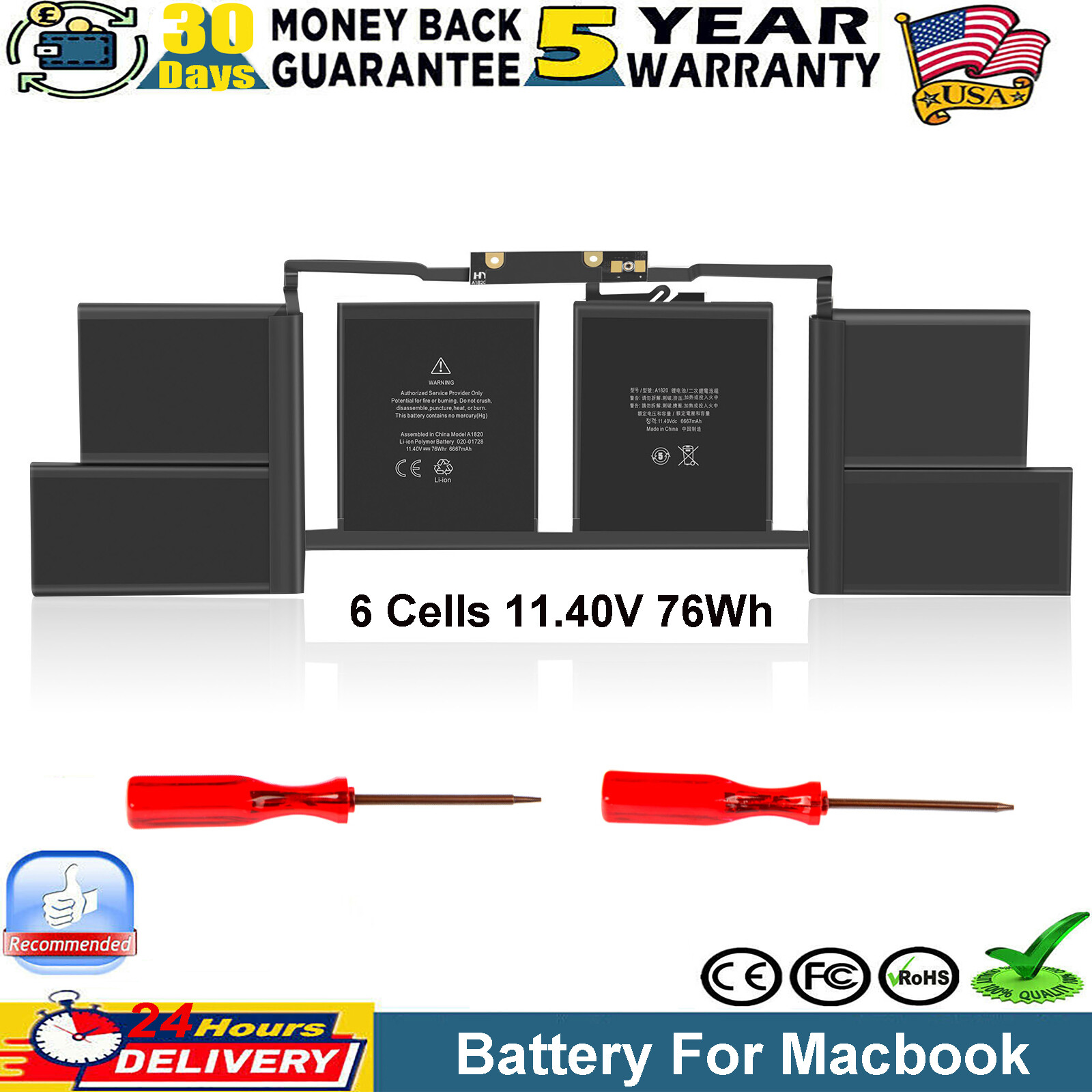 Replacement A1820 Battery for Macbook Pro 15″ A1707 Late 2016 Mid 2017 6667mAh