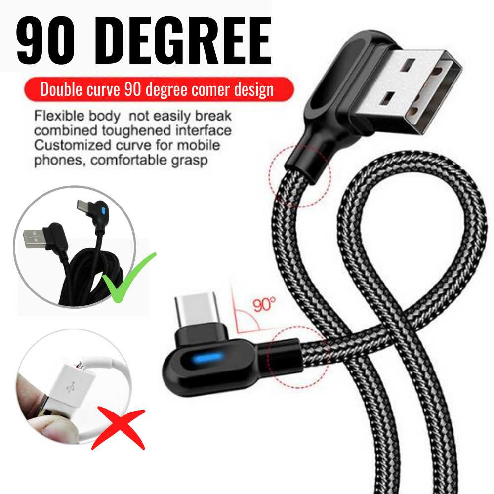 USB-C 90 Degree Right Angle Type-C Adapter Cord Data Sync Charging Charger Cable