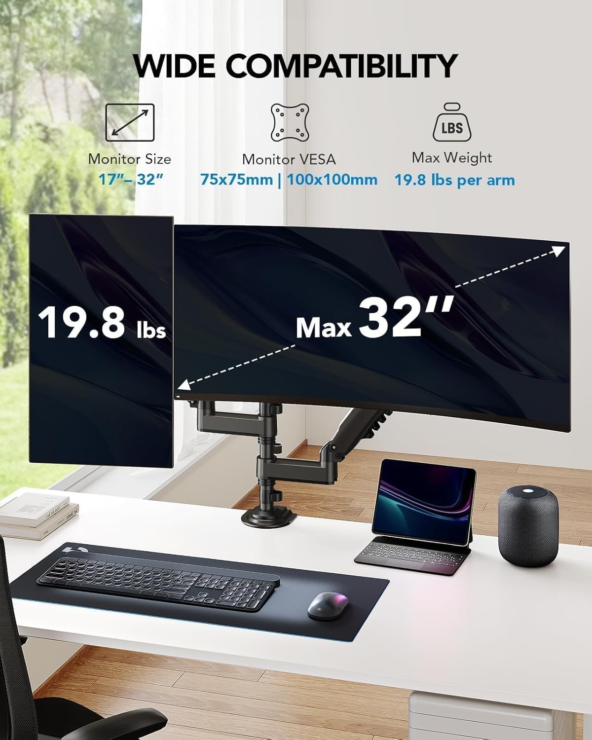 HUANUO 17-32 Inch Dual Monitor Stand, Vertical 17″-32″, Black