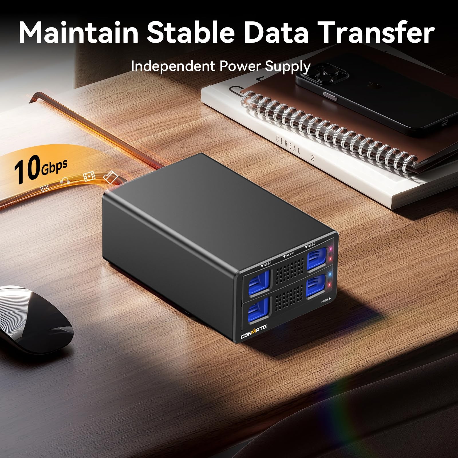 CENMATE Hybrid 2.5/3.5″ SATA HDD/SSD+3* M / B+M Key M.2 NVMe 4 bay, Black