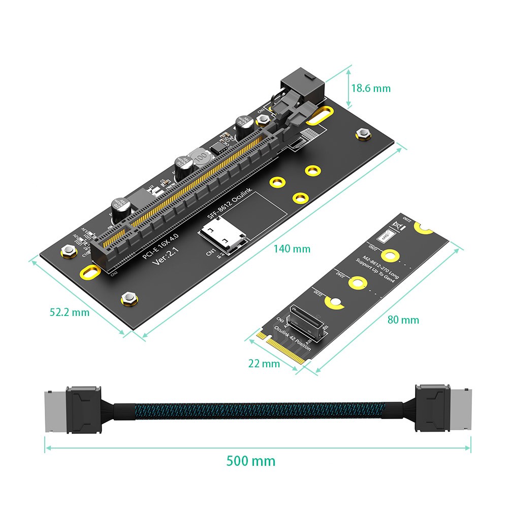 M.2 M-Key 2242/2260/2280 to PCI-e 4.0 X16 with Oculink SFF-8612 Extension Cable
