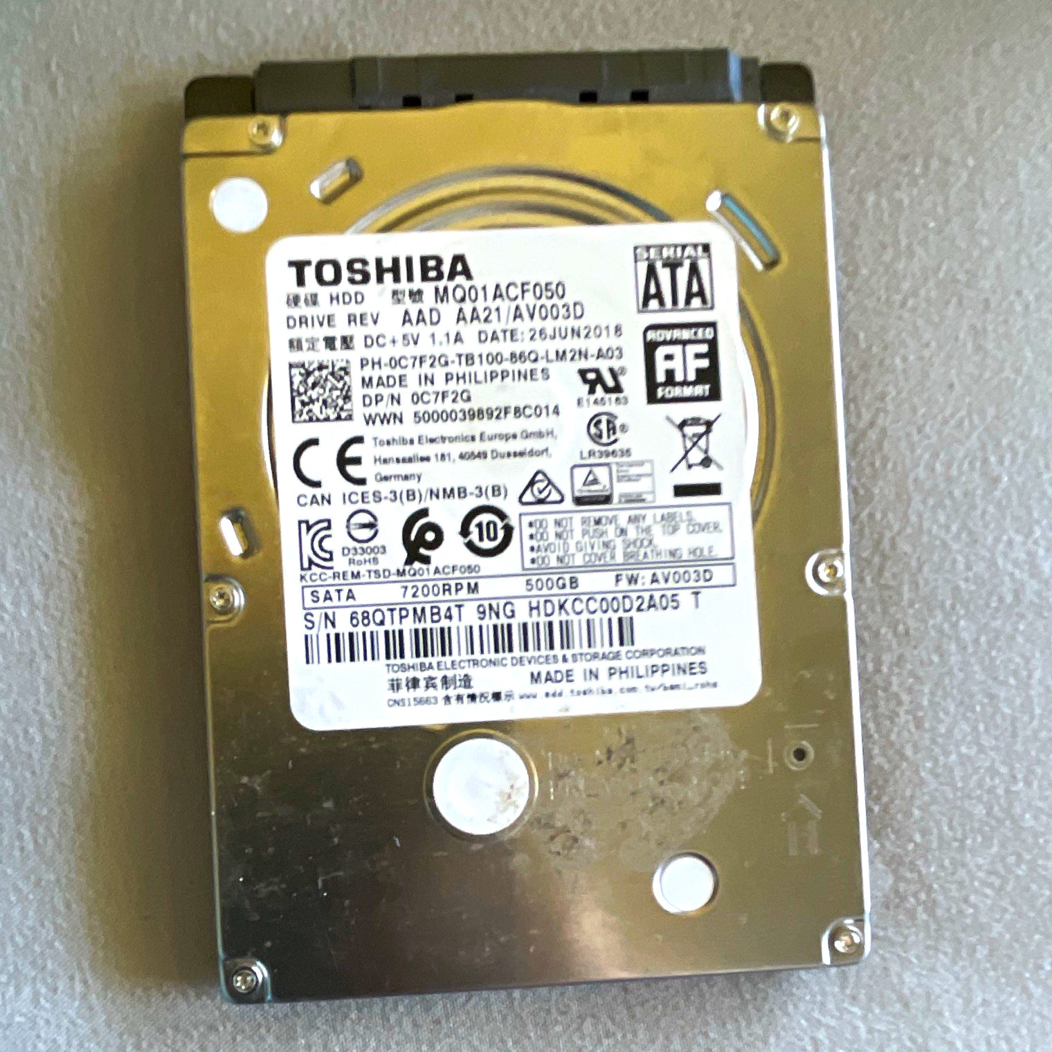 Toshiba MQ Series MQ01ACF050 500GB 2.5″ SATA 7200RPM 8MB Laptop HDD WIPED