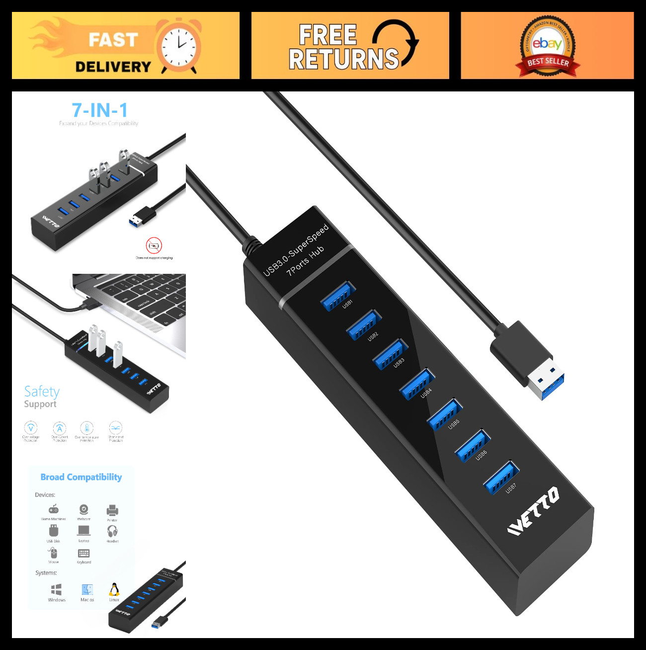 7-Port USB 3.0 Hub Splitter with 3.3ft Cable for Laptop, PC, Mac & More