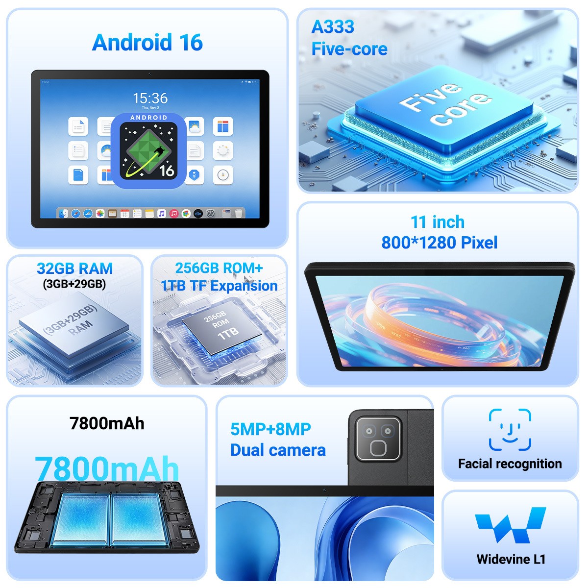 AEEZO 11 inch WIFI Tablet Android 16 IPS Full HD 30GB/32GB + 128GB/256GB LED