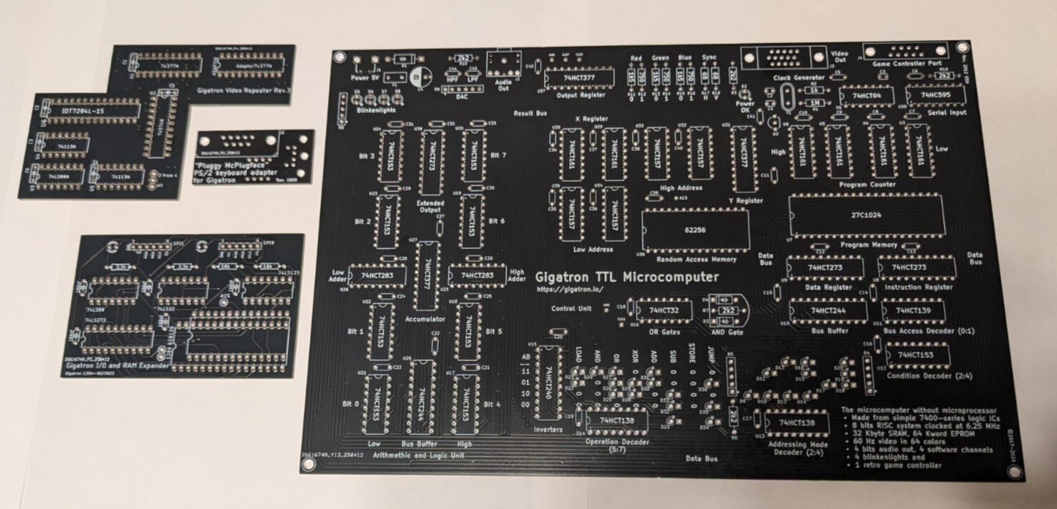 Gigatron TTL PCB plus Pluggy McPlugface, 128k RAM expansion, Video Repeater