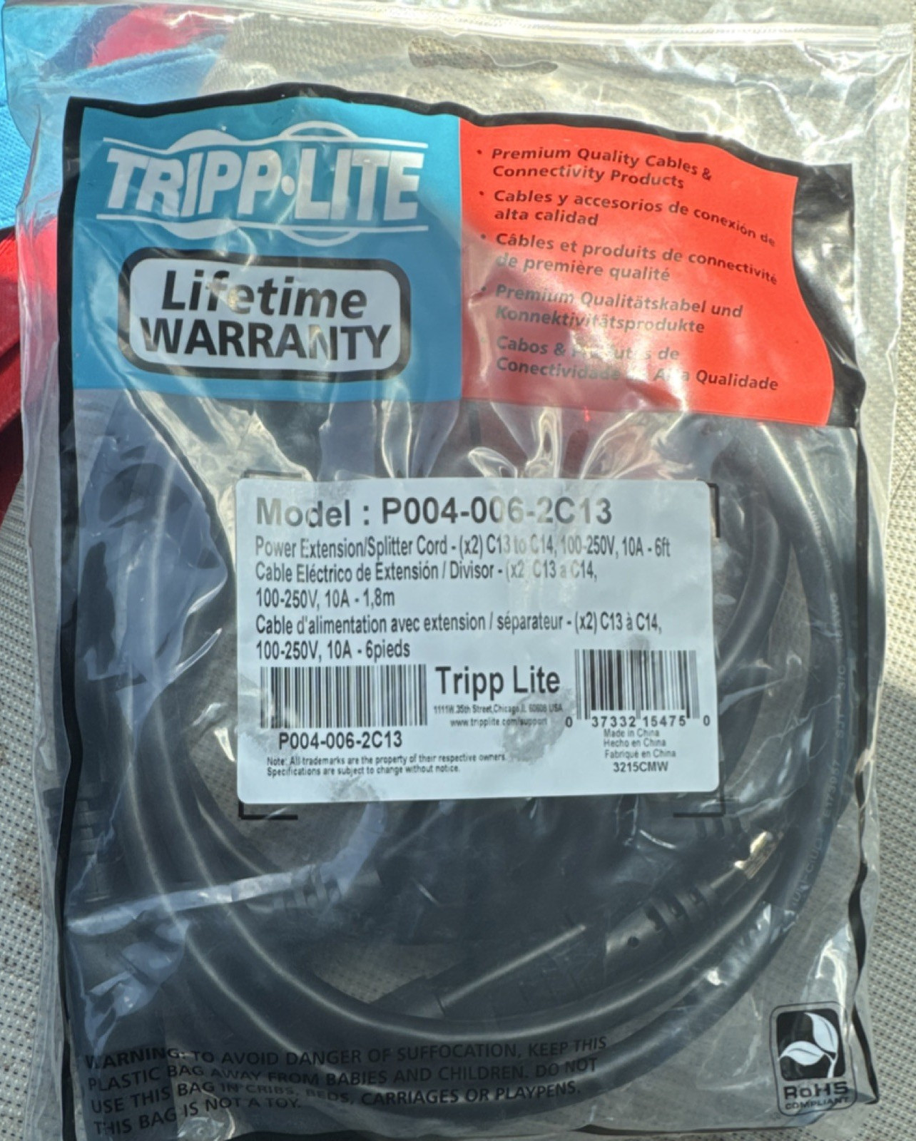 Tripp Lite P004-006-2C13 Splitter Cable 6ft C13 to C14 100-250V 10A Black