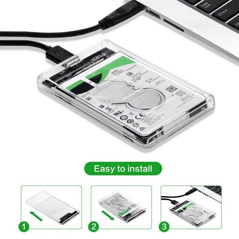 2.5″ SATA USB 3.0 Clear Hard Drive Disk HDD SSD Enclosure External Laptop Case，
