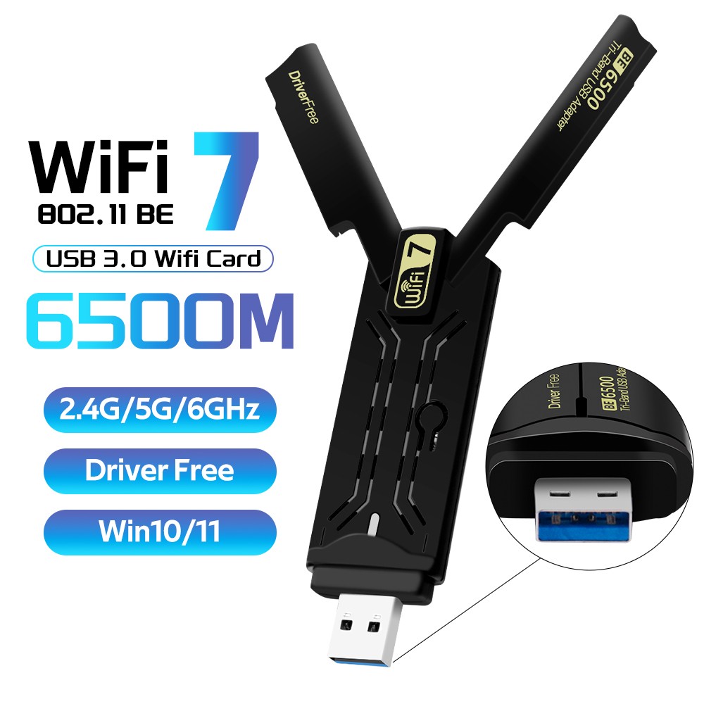 BE6500 USB 3.0 WiFi 7 Tri-band 6500Mbps 802.11be WiFi Dongle Network Adapter