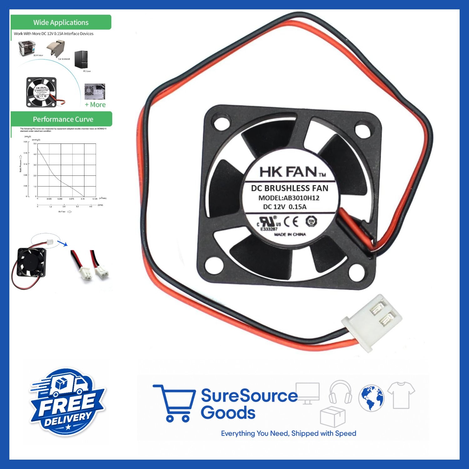 30mm x 30mm x 10mm 12V Cooling Fan with Dual Ball Bearing and 2pin Connector