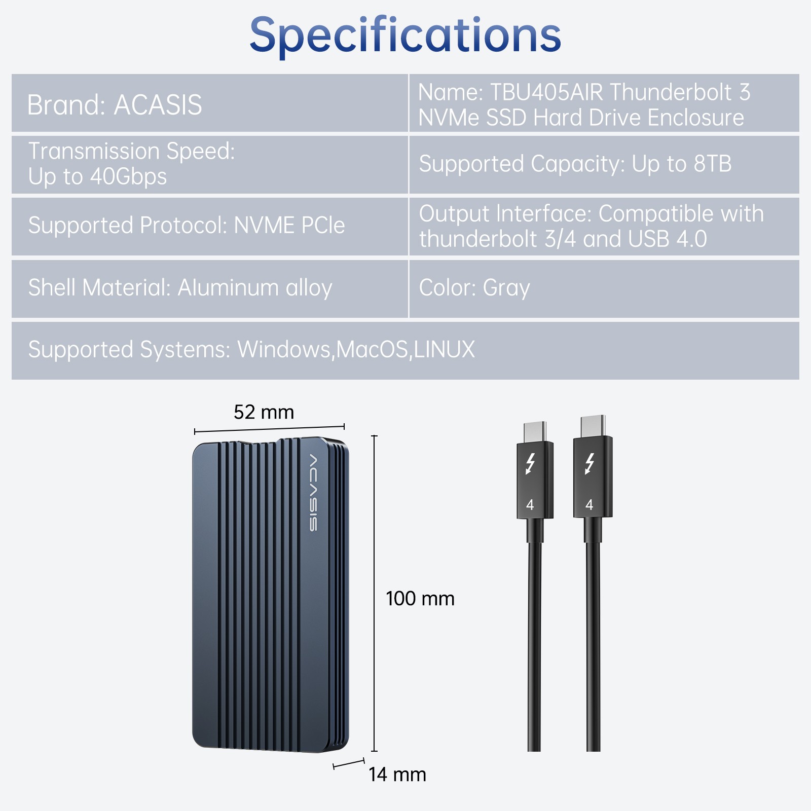 Acasis 40Gbps M.2 NVMe SSD Enclosure Compatible with Thunderbolt 4/3