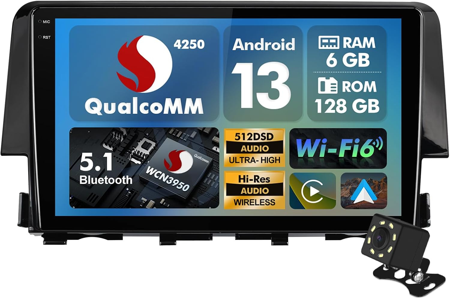 8 Core 6+128 GB Music Host with Qualcomm Android 13 Double Din Octa Core Car Ste