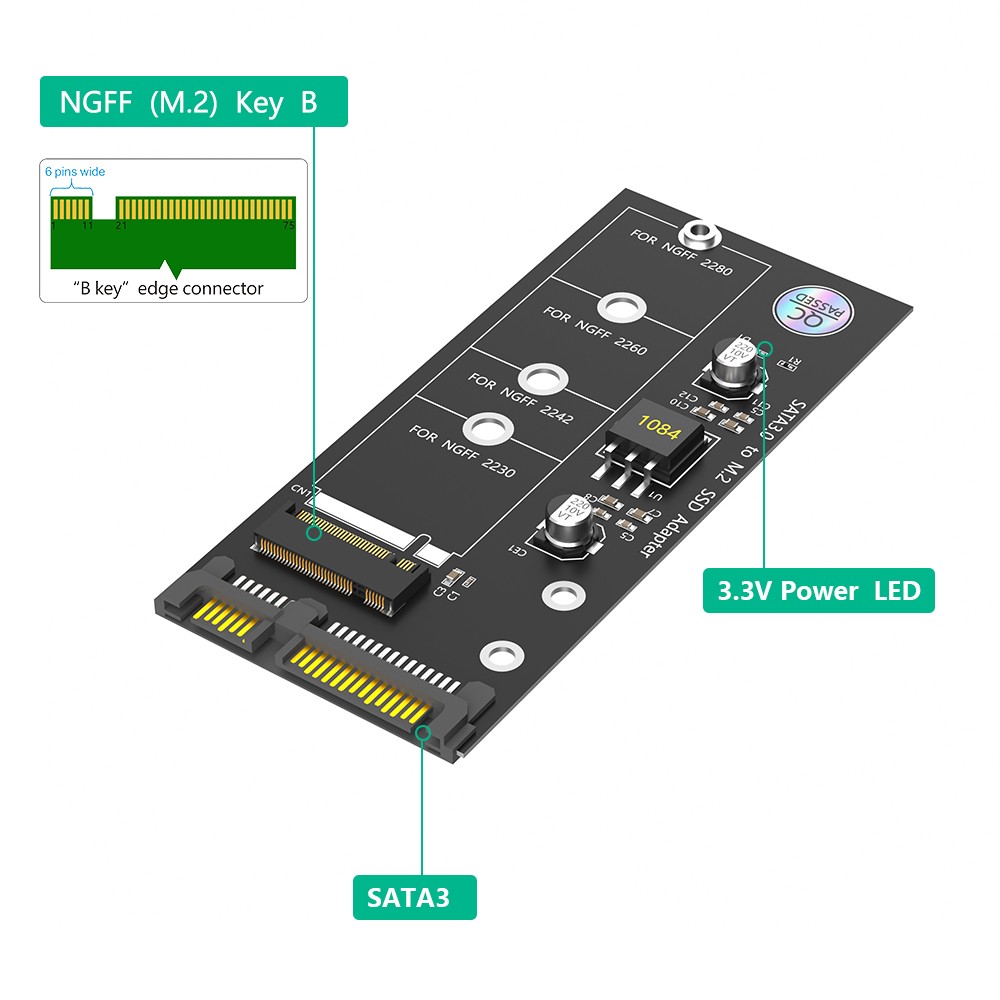 M.2 NGFF to SATA Adapter Card B Key/B & M Key SSD Converter (Not for M.2 NVME)