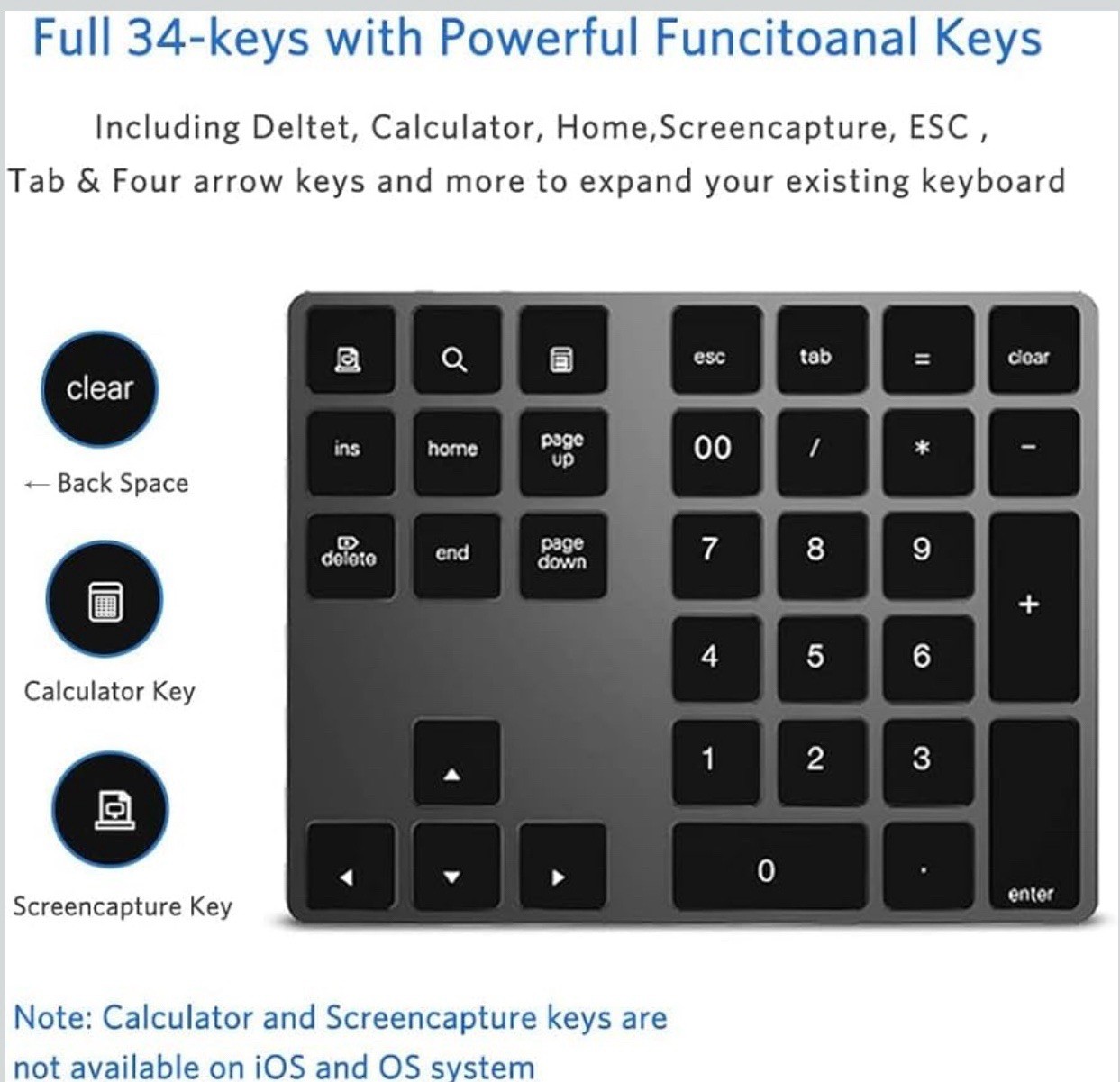 Bluetooth Number Pad Wireless Numeric Keypad USB-C Rechargeable External 34-K…