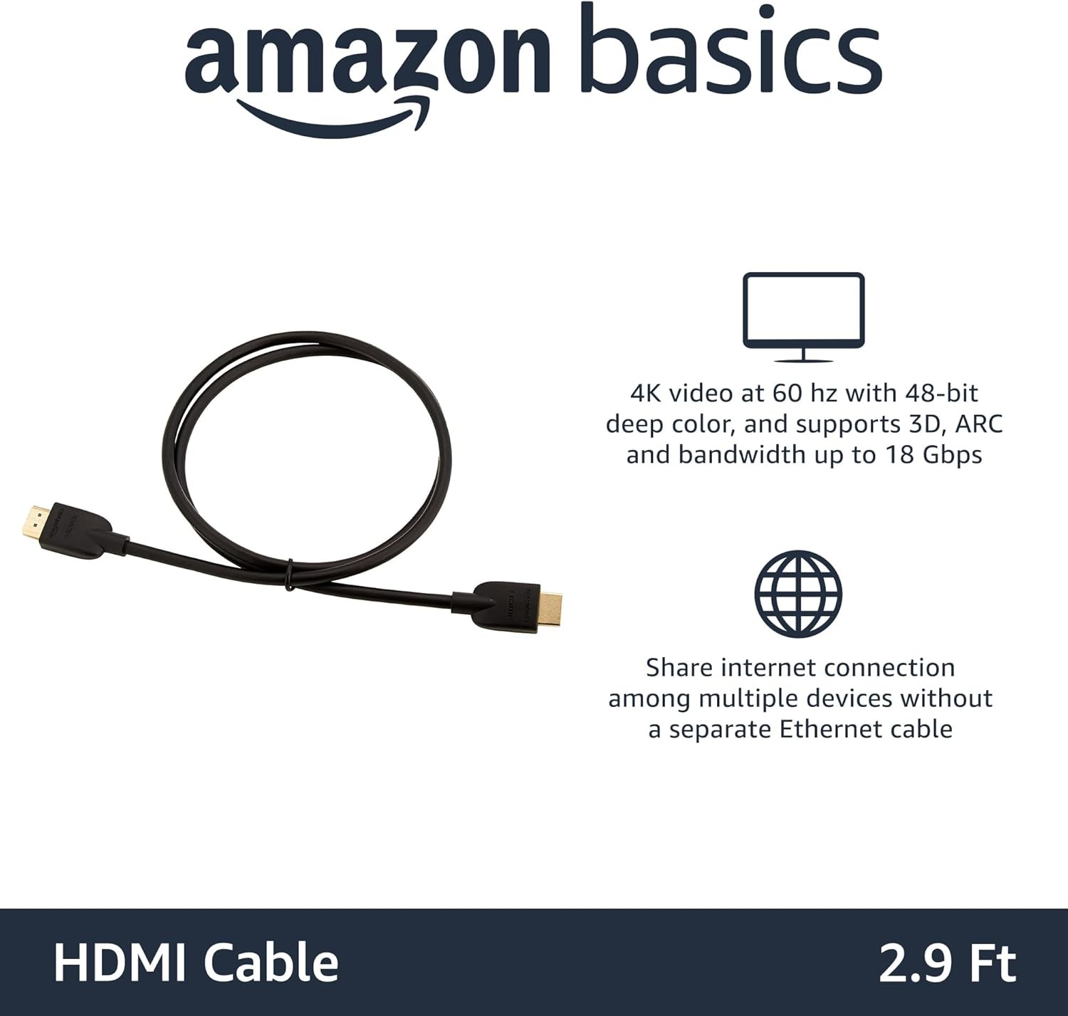 Amazon Basics HDMI Cable, 3ft, 4K@60Hz, High-Speed 4K HDMI 2.0 Cord (18Gbps), 2