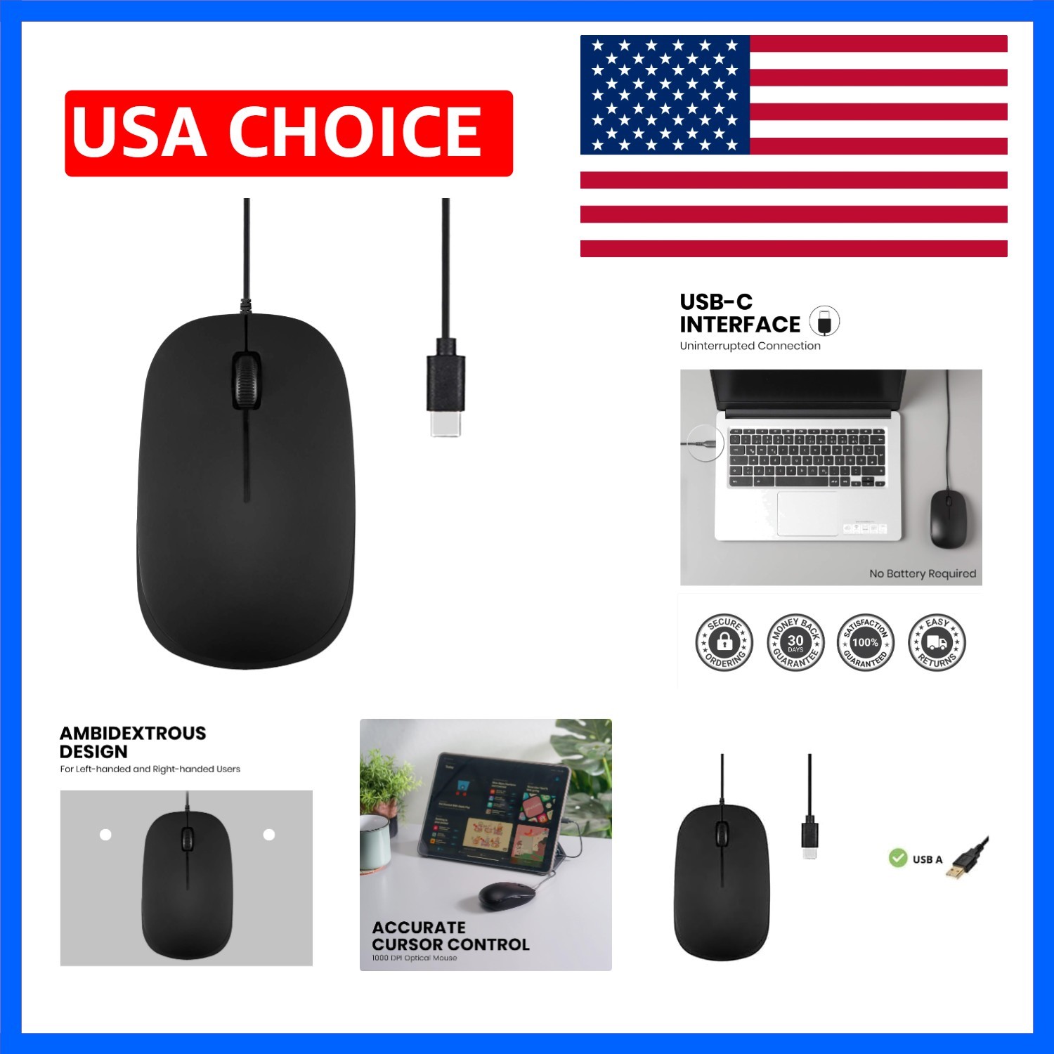 PERIMICE-201C USB Type C Wired Optical Mouse with 3-Button, Scroll Wheel, 100…
