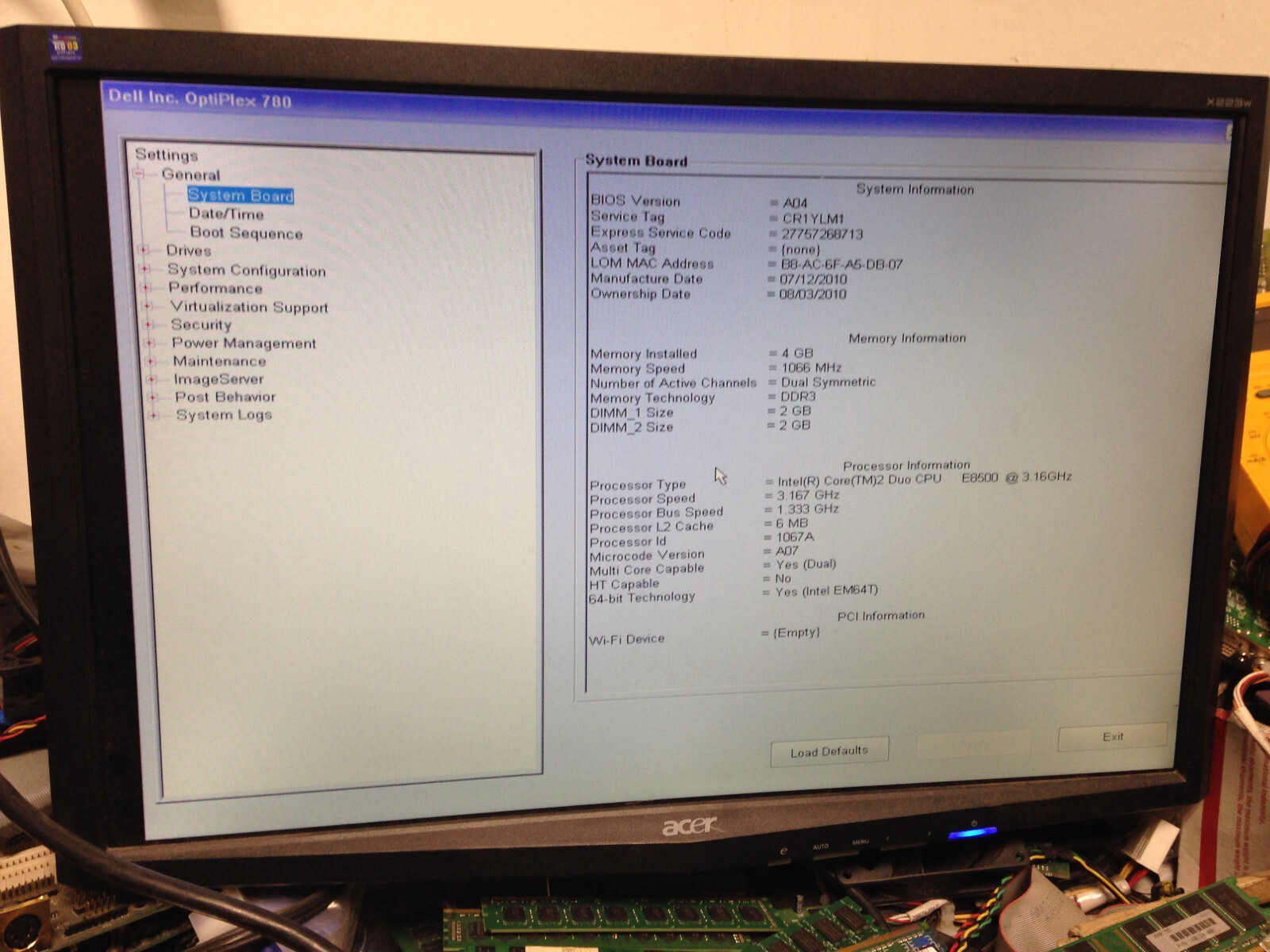 Dell Optiplex 780 Intel Core2 Duo CPU E8500 @ 3.16 GHz, 4GB memory. Complate