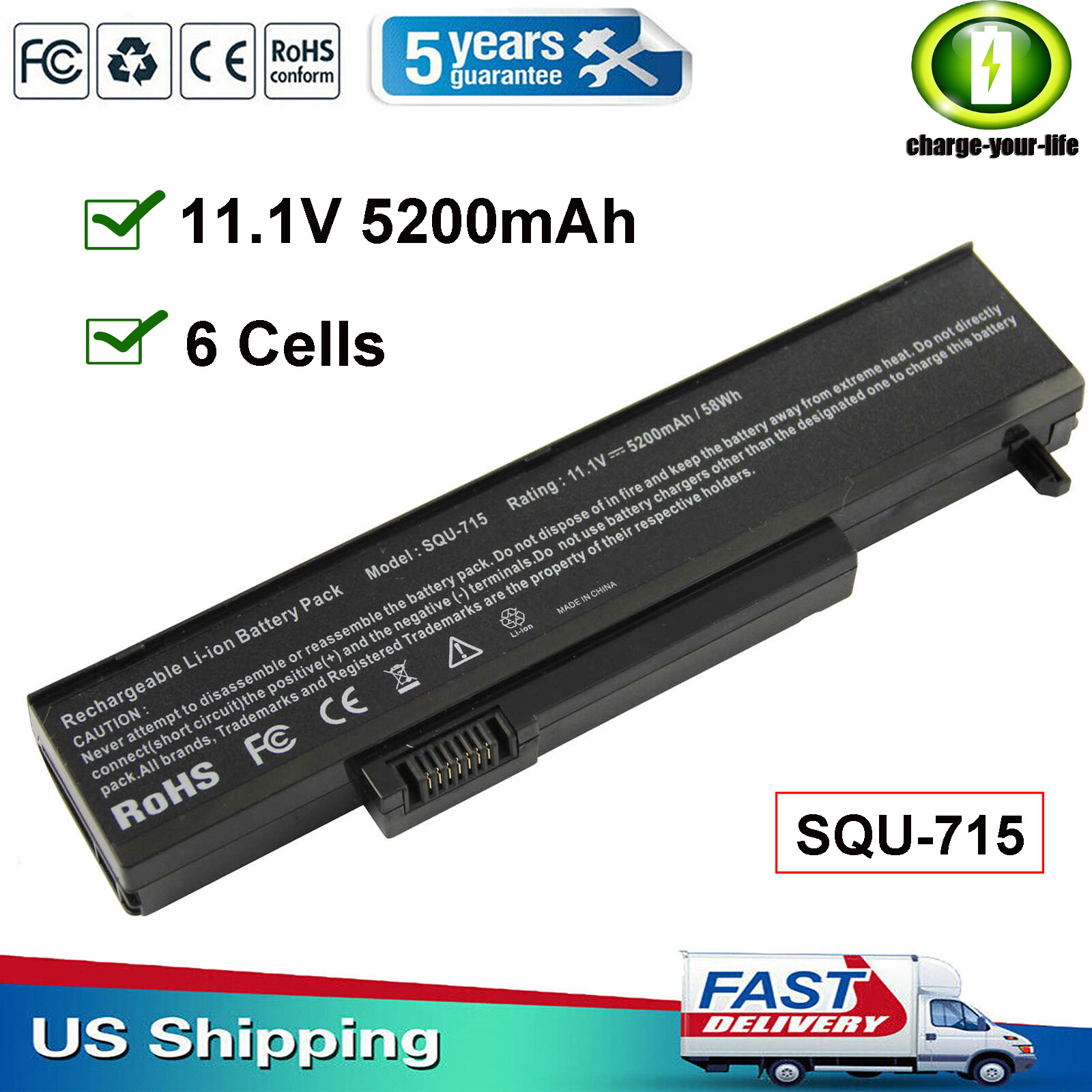 SQU-715 Battery for Gateway M-6800 M-6823a SQU-720 W35044LB W35052LB 5200mAh