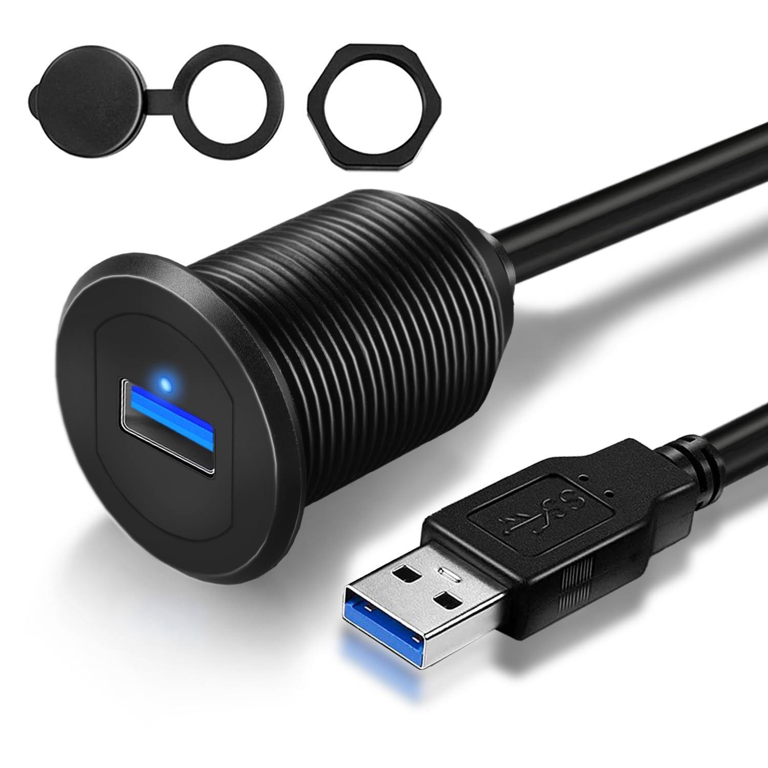 GOBGOD Single Port USB 3.0 Car Mount Flush Cable, USB3.0 Male to 1ft, Black