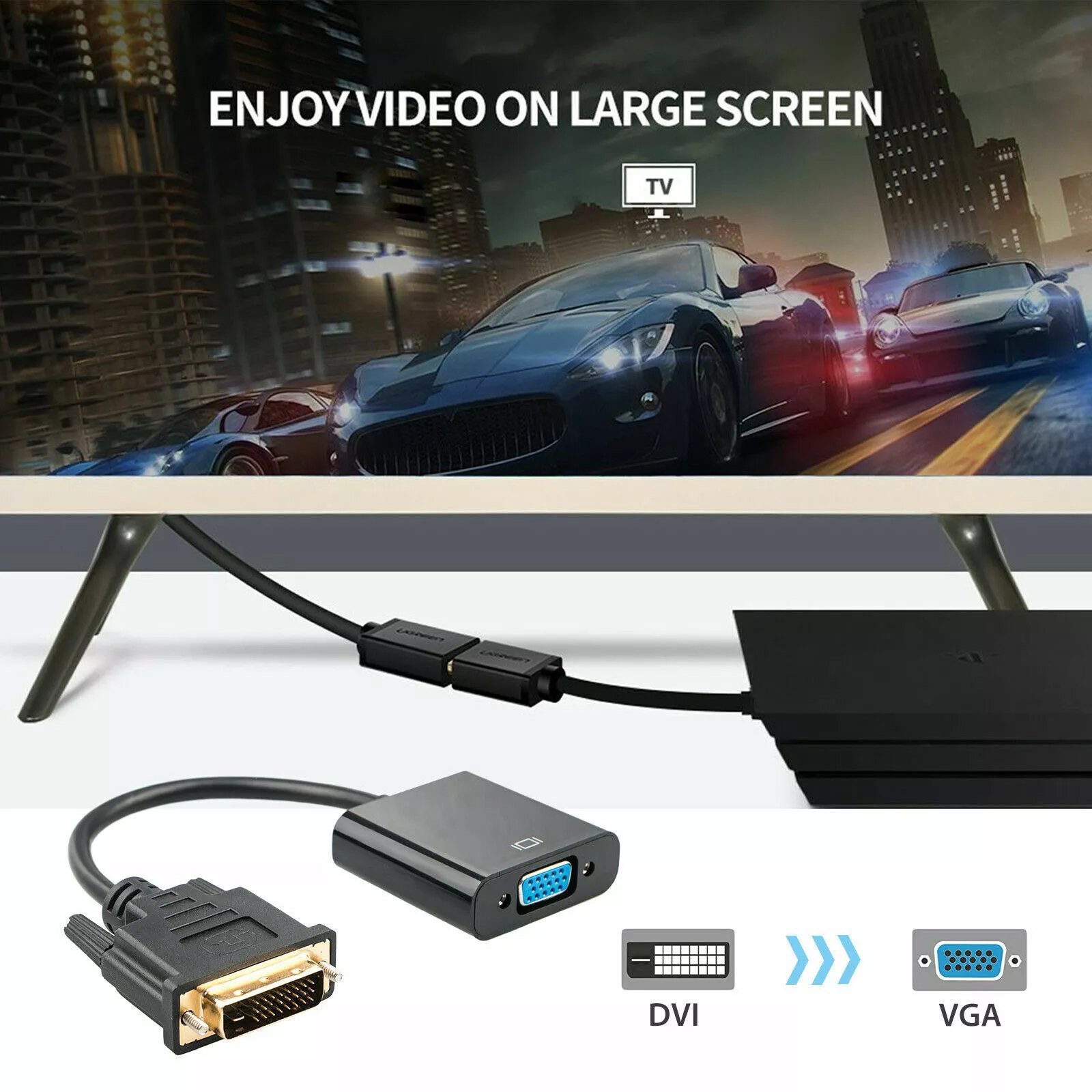 Plug-N-Play DVI to VGA Cable Adapter 1080P HD Converter No Drivers Needed