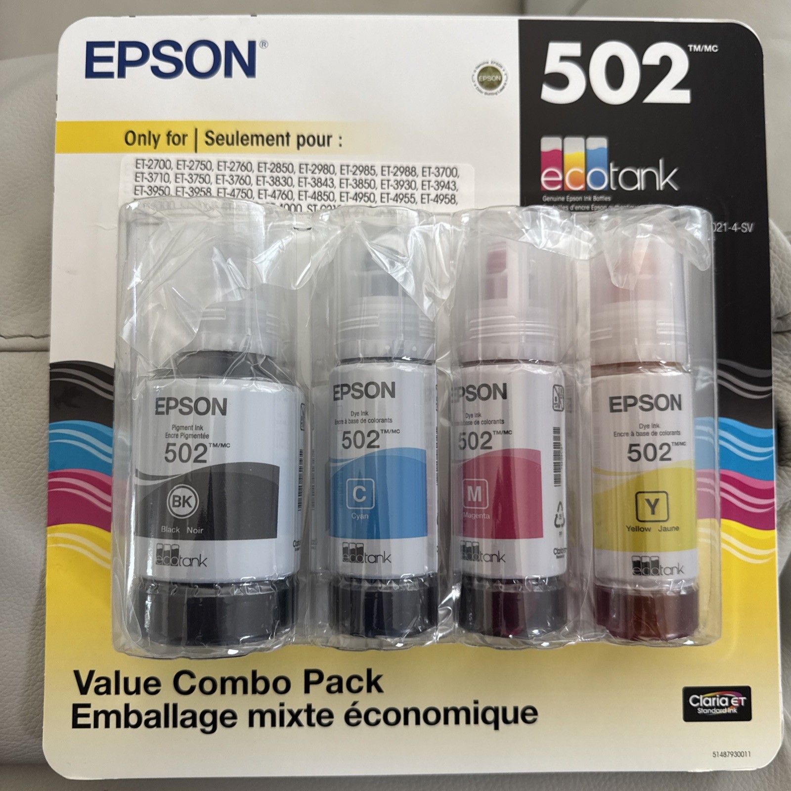 Epson 502 Ink Combo Pack for ECO-TANK ET-2850 3850 4850 Printers-OEM-4PK Ex11/26